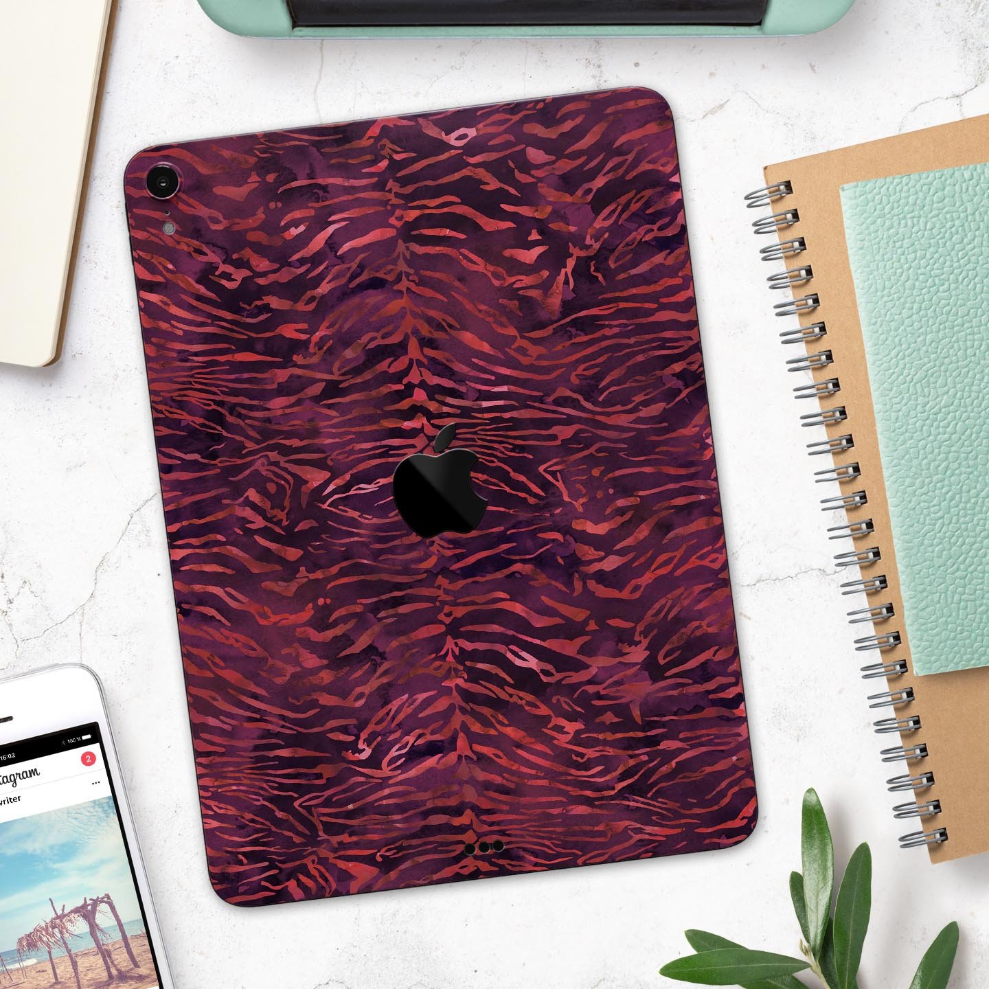 Wine Watercolor Tiger Pattern skin decal for Apple devices, showcasing vibrant colors and intricate design.