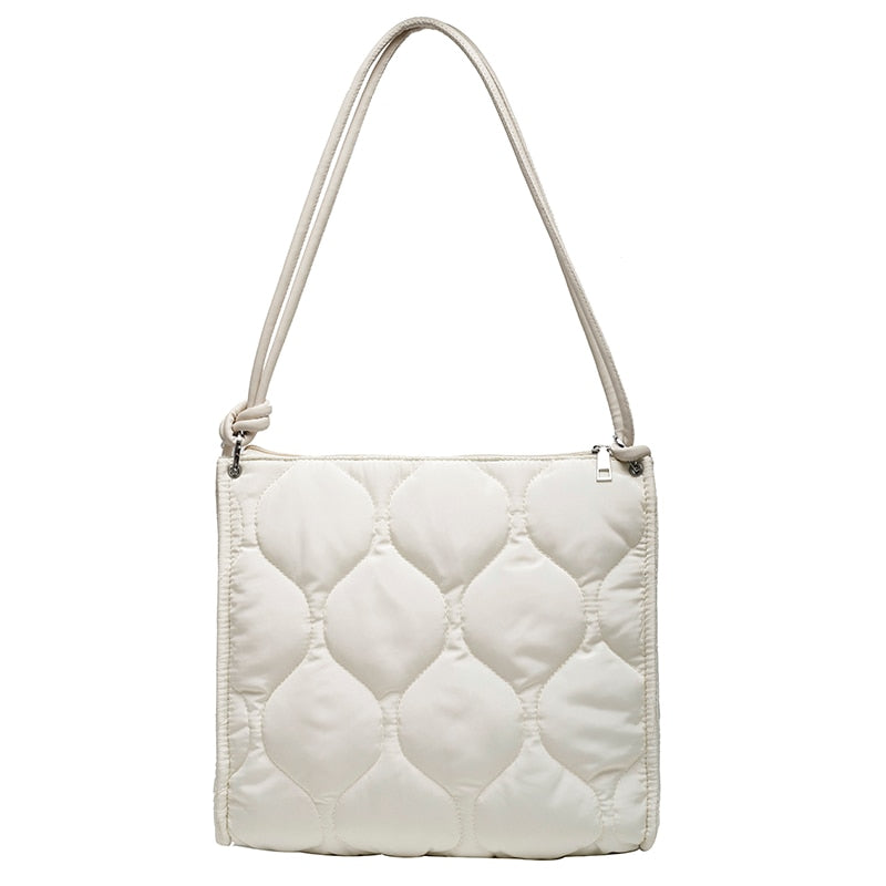 Winter Down Cotton Shoulder Bag for women, featuring a soft fluffy design and waterproof material, perfect for winter use.