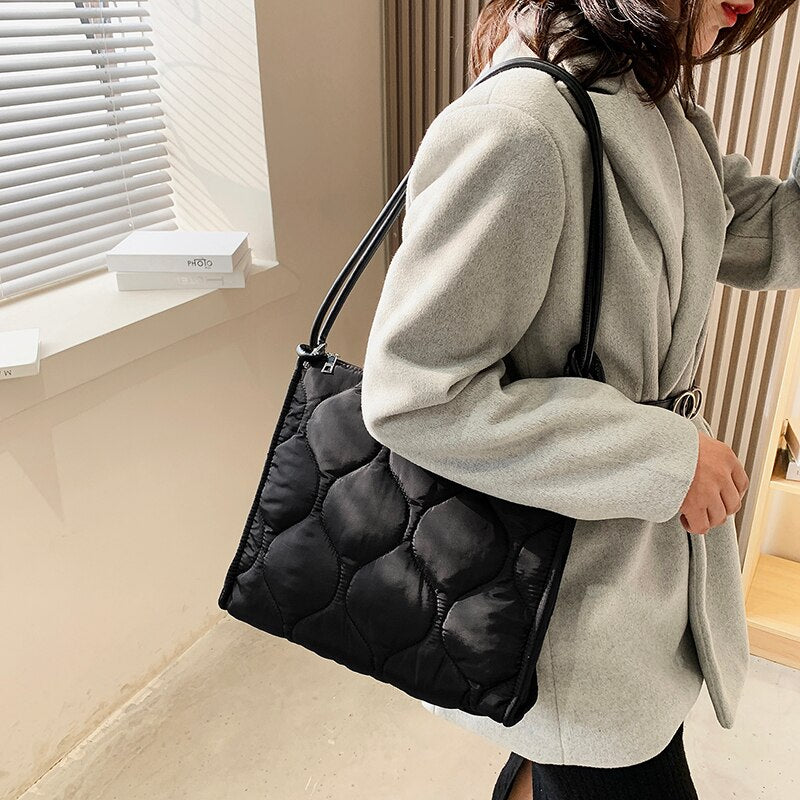 Winter Down Cotton Shoulder Bag for women, featuring a soft fluffy design and waterproof material, perfect for winter use.
