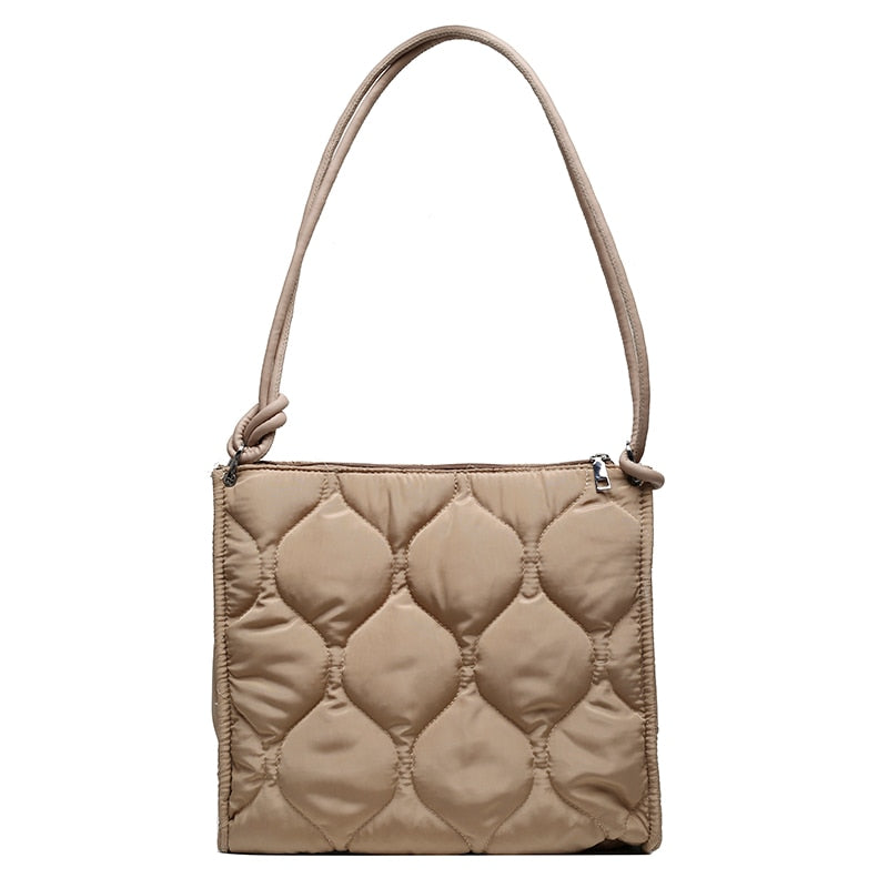 Winter Down Cotton Shoulder Bag for women, featuring a soft fluffy design and waterproof material, perfect for winter use.