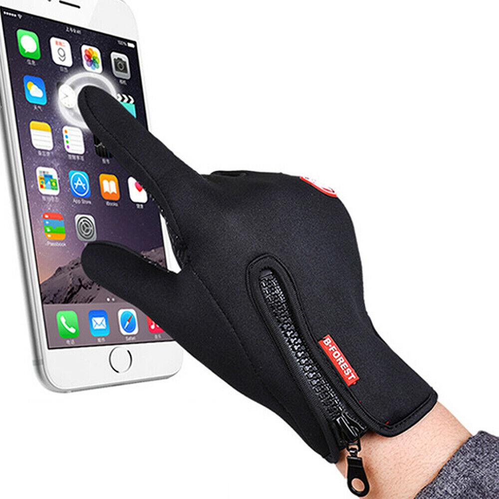 A pair of black winter gloves designed for men, featuring touch screen fingertips, fleece lining, and anti-slip rubber palm for enhanced grip.