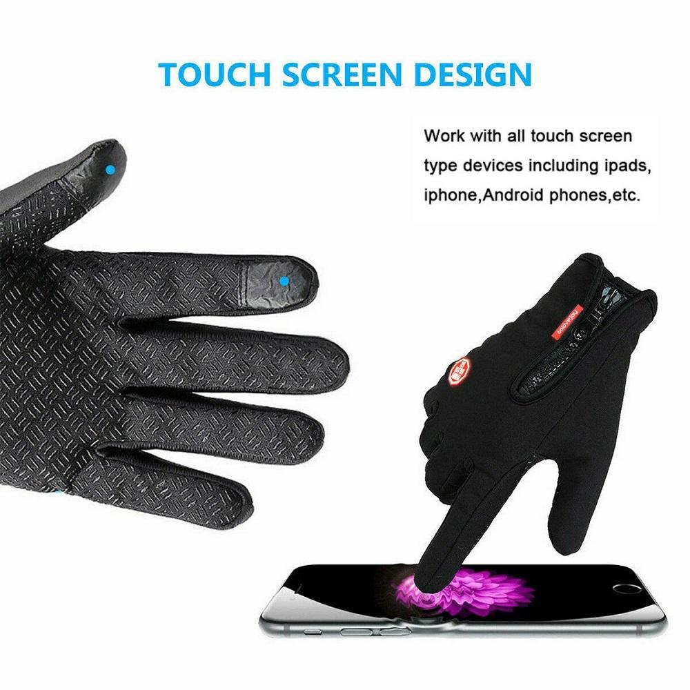 A pair of black winter gloves designed for men, featuring touch screen fingertips, fleece lining, and anti-slip rubber palm for enhanced grip.