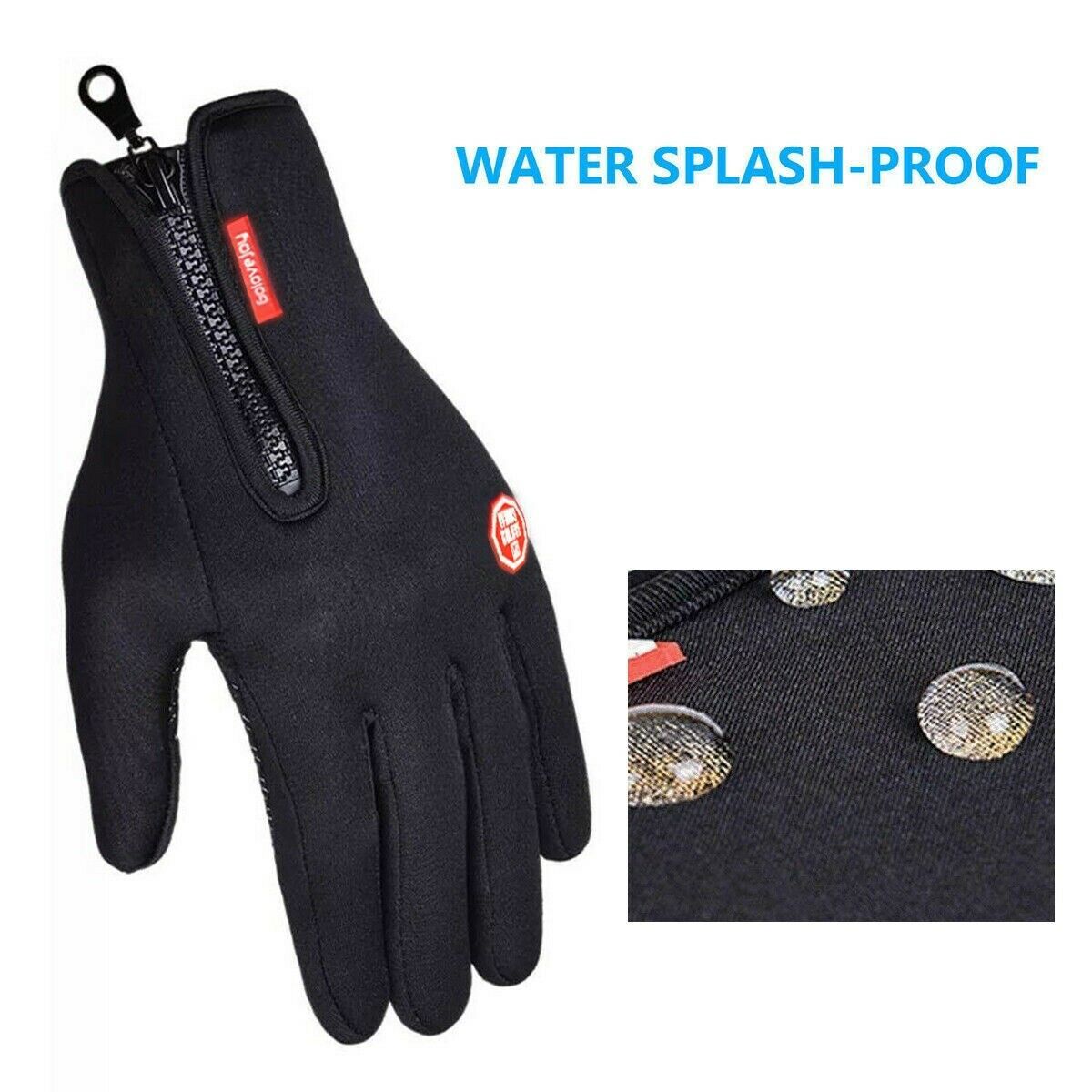 A pair of black winter gloves designed for men, featuring touch screen fingertips, fleece lining, and anti-slip rubber palm for enhanced grip.