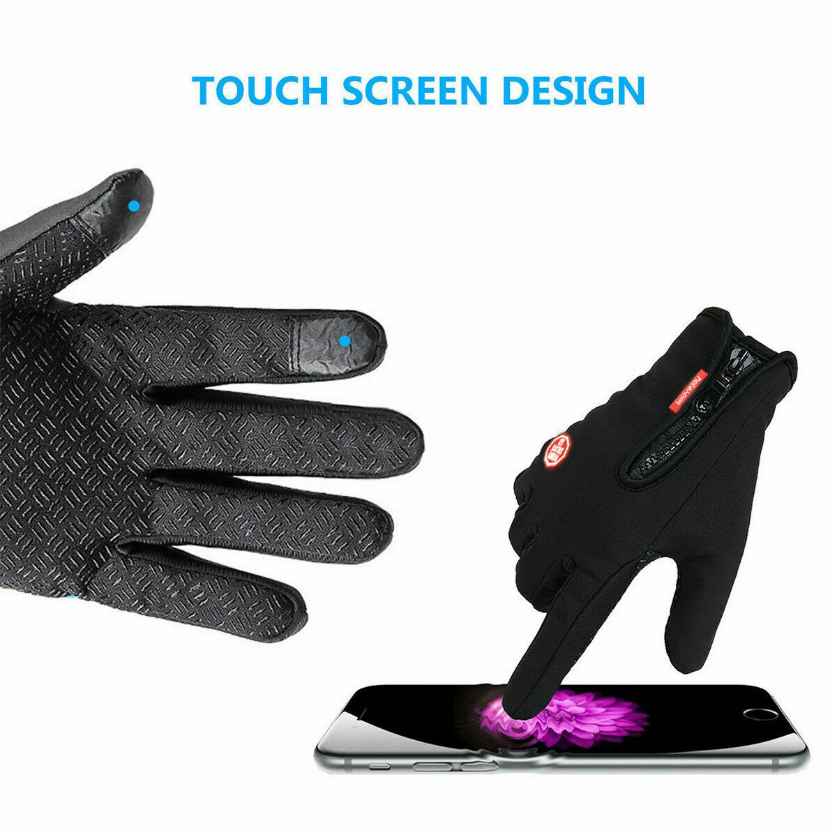 A pair of black winter gloves designed for men, featuring touch screen fingertips, fleece lining, and anti-slip rubber palm for enhanced grip.