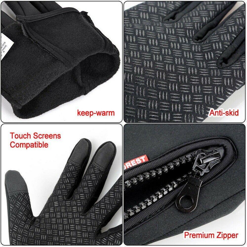 A pair of black winter gloves designed for men, featuring touch screen fingertips, fleece lining, and anti-slip rubber palm for enhanced grip.