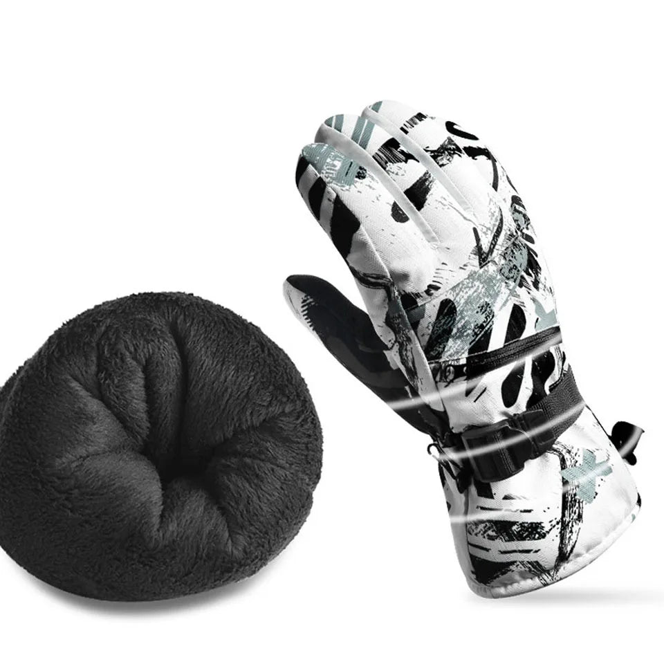A pair of stylish Winter Snowboard Ski Gloves made from PU leather, featuring a non-slip grip and touchscreen compatibility, displayed on a snowy background.