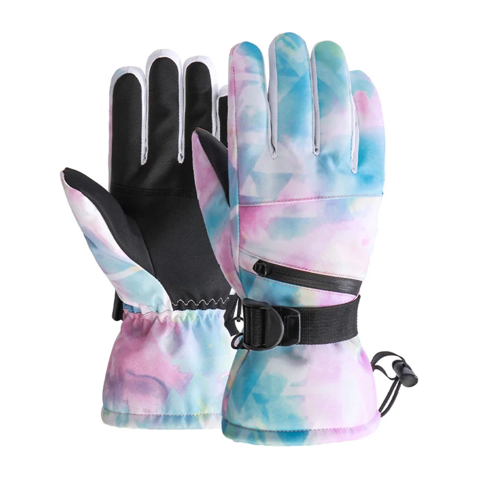 A pair of stylish Winter Snowboard Ski Gloves made from PU leather, featuring a non-slip grip and touchscreen compatibility, displayed on a snowy background.