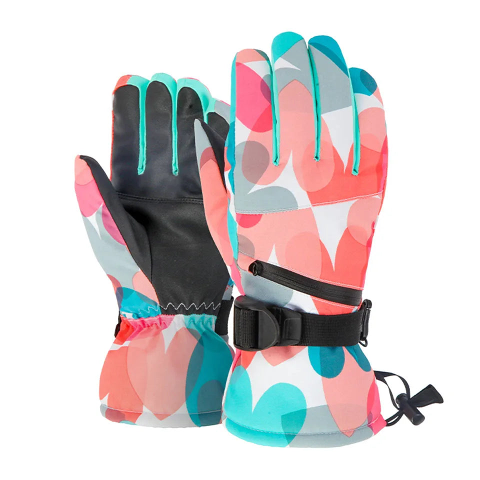 A pair of stylish Winter Snowboard Ski Gloves made from PU leather, featuring a non-slip grip and touchscreen compatibility, displayed on a snowy background.