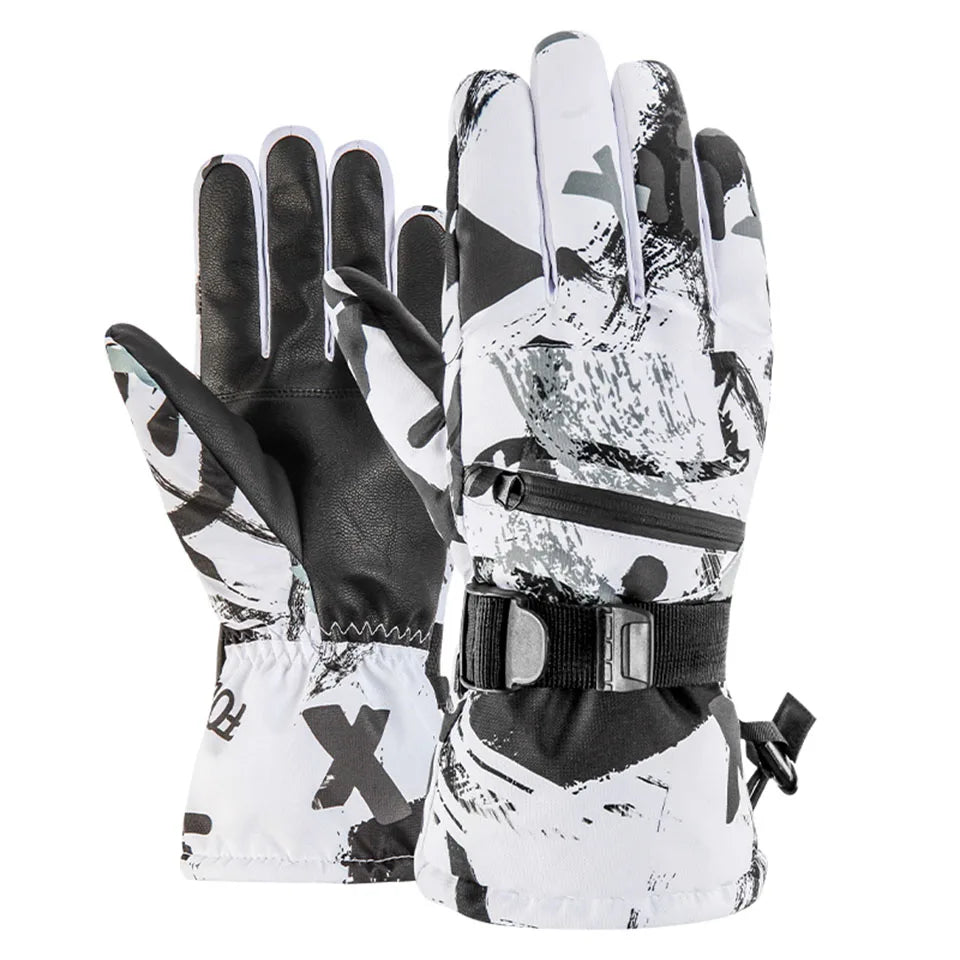 A pair of stylish Winter Snowboard Ski Gloves made from PU leather, featuring a non-slip grip and touchscreen compatibility, displayed on a snowy background.