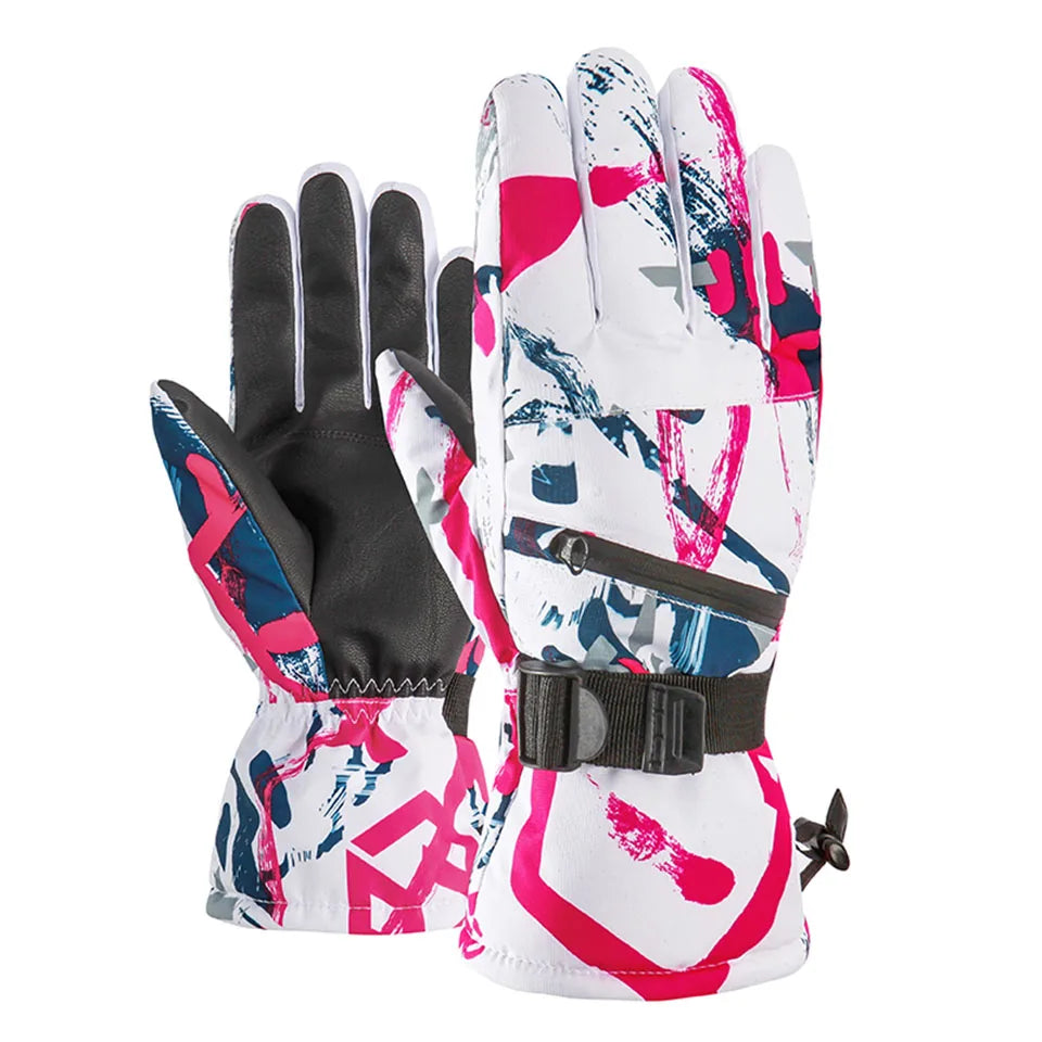 A pair of stylish Winter Snowboard Ski Gloves made from PU leather, featuring a non-slip grip and touchscreen compatibility, displayed on a snowy background.