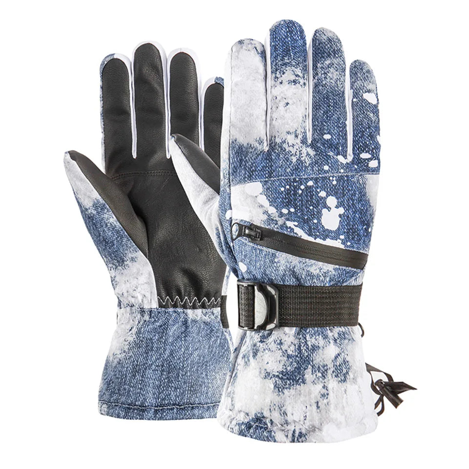A pair of stylish Winter Snowboard Ski Gloves made from PU leather, featuring a non-slip grip and touchscreen compatibility, displayed on a snowy background.