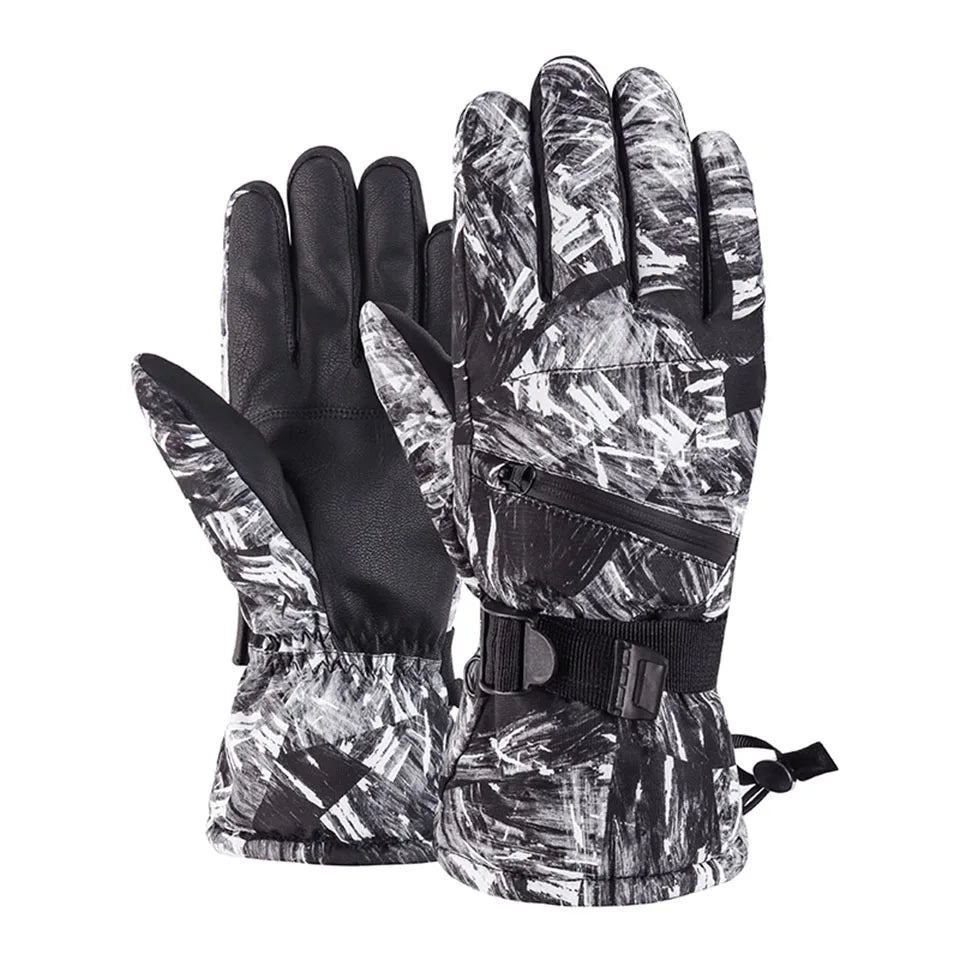 A pair of stylish Winter Snowboard Ski Gloves made from PU leather, featuring a non-slip grip and touchscreen compatibility, displayed on a snowy background.