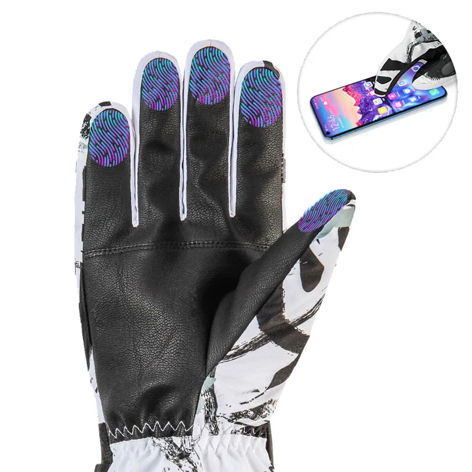 A pair of stylish Winter Snowboard Ski Gloves made from PU leather, featuring a non-slip grip and touchscreen compatibility, displayed on a snowy background.
