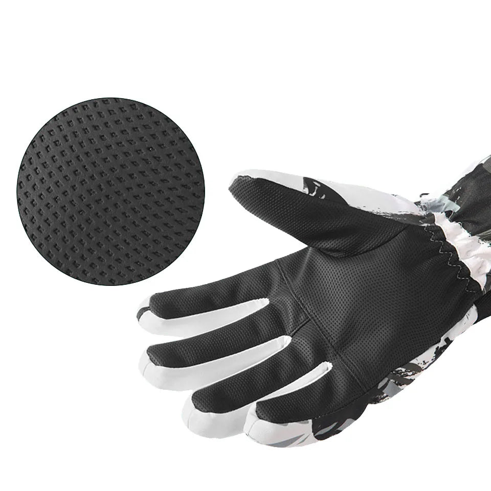 A pair of stylish Winter Snowboard Ski Gloves made from PU leather, featuring a non-slip grip and touchscreen compatibility, displayed on a snowy background.
