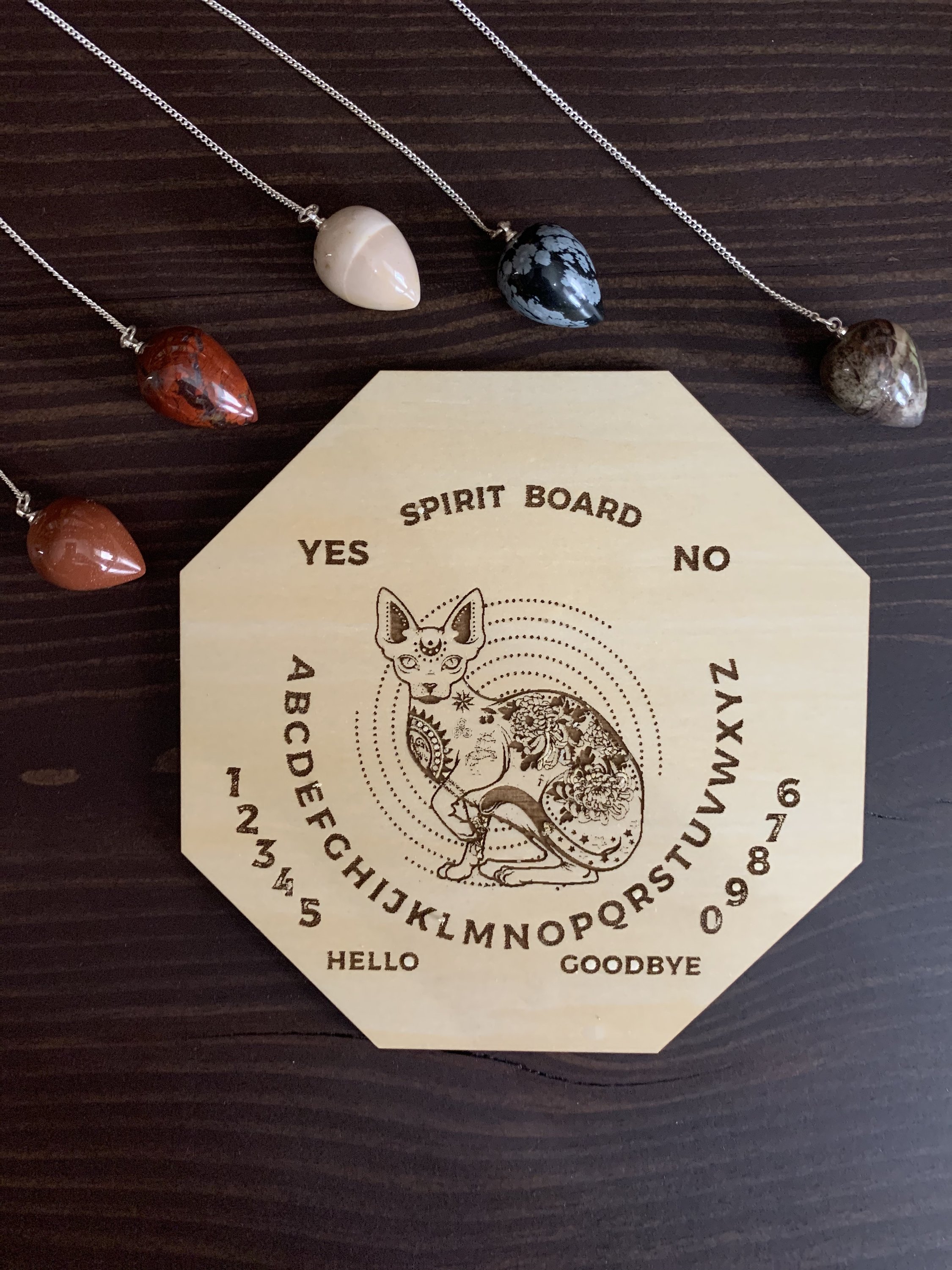 Wood Mystic Cat Pendulum Spirit Board made from maple wood, featuring intricate designs for intuitive divination.