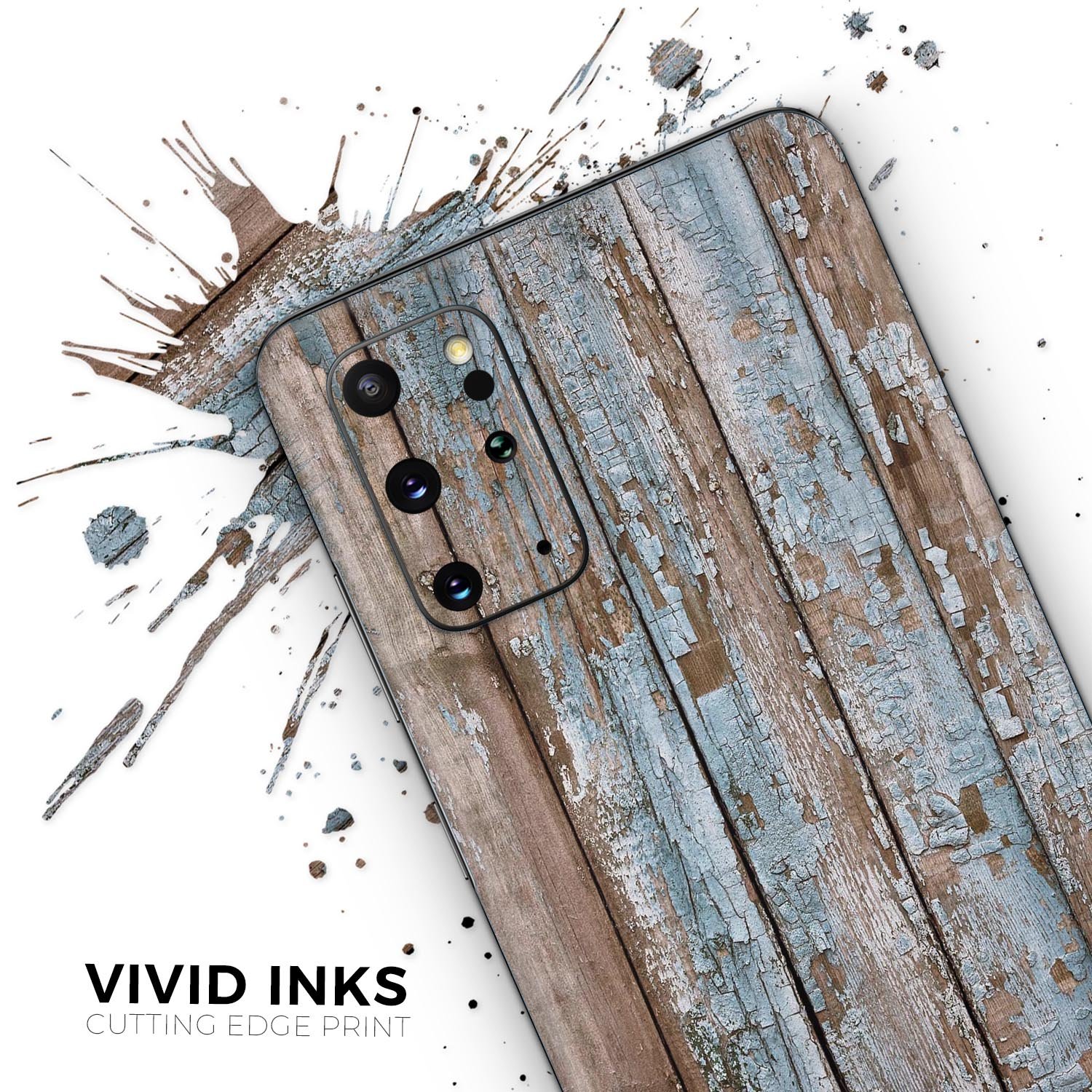 Wood planks skin kit for Samsung Galaxy featuring a peeled blue paint design, showcasing a stylish and protective vinyl cover.