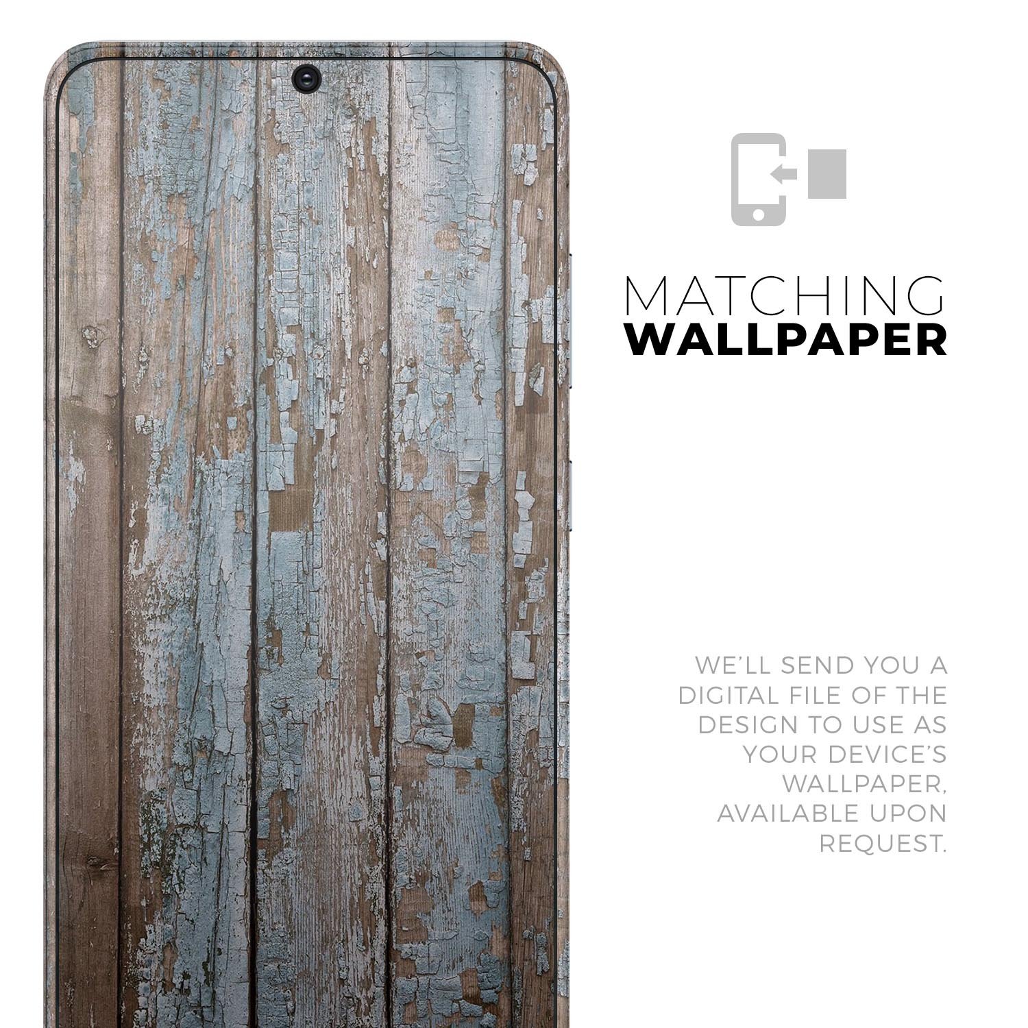 Wood planks skin kit for Samsung Galaxy featuring a peeled blue paint design, showcasing a stylish and protective vinyl cover.