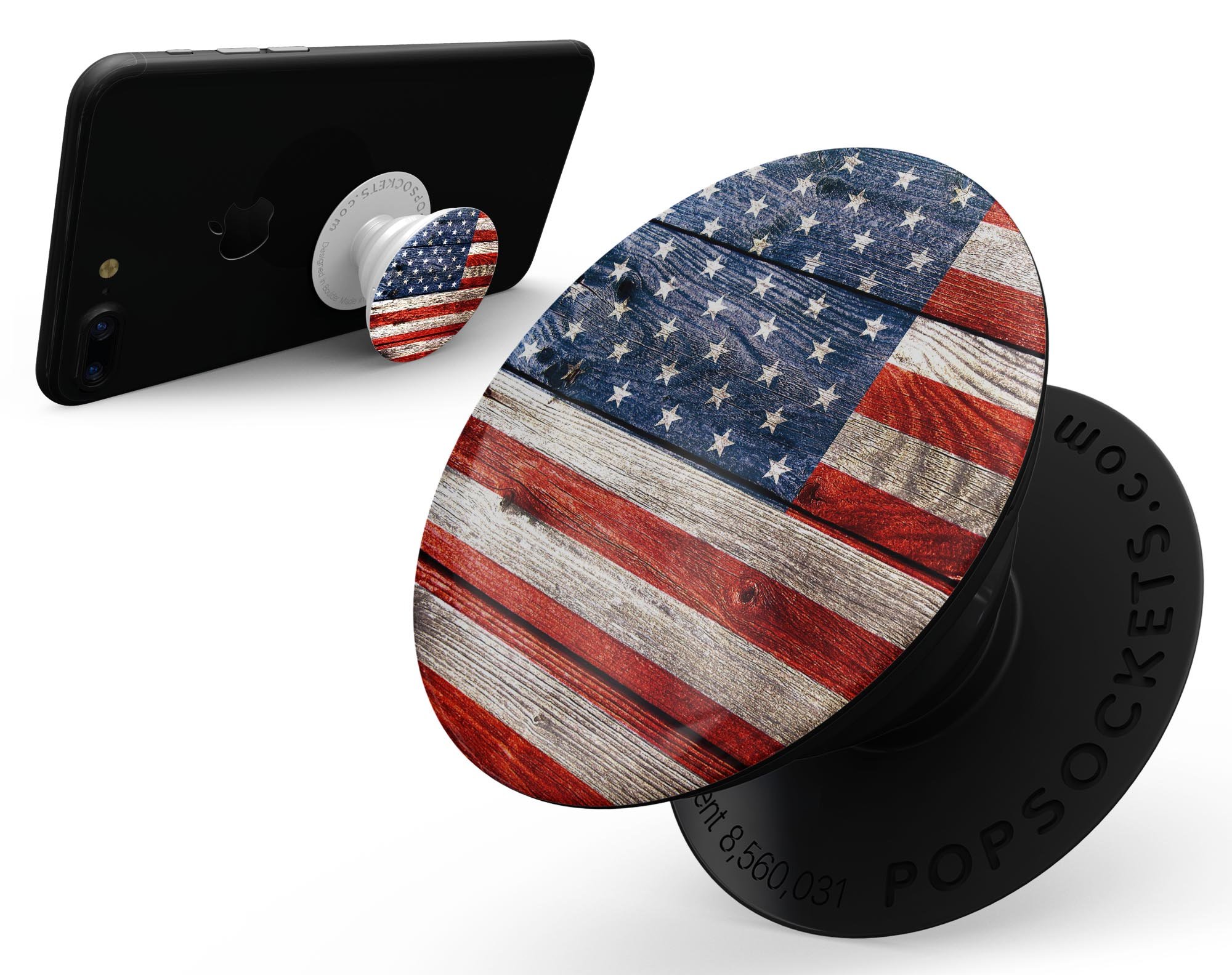 Wooden Grungy American Flag Skin Kit for PopSockets, featuring a rustic design on premium vinyl.