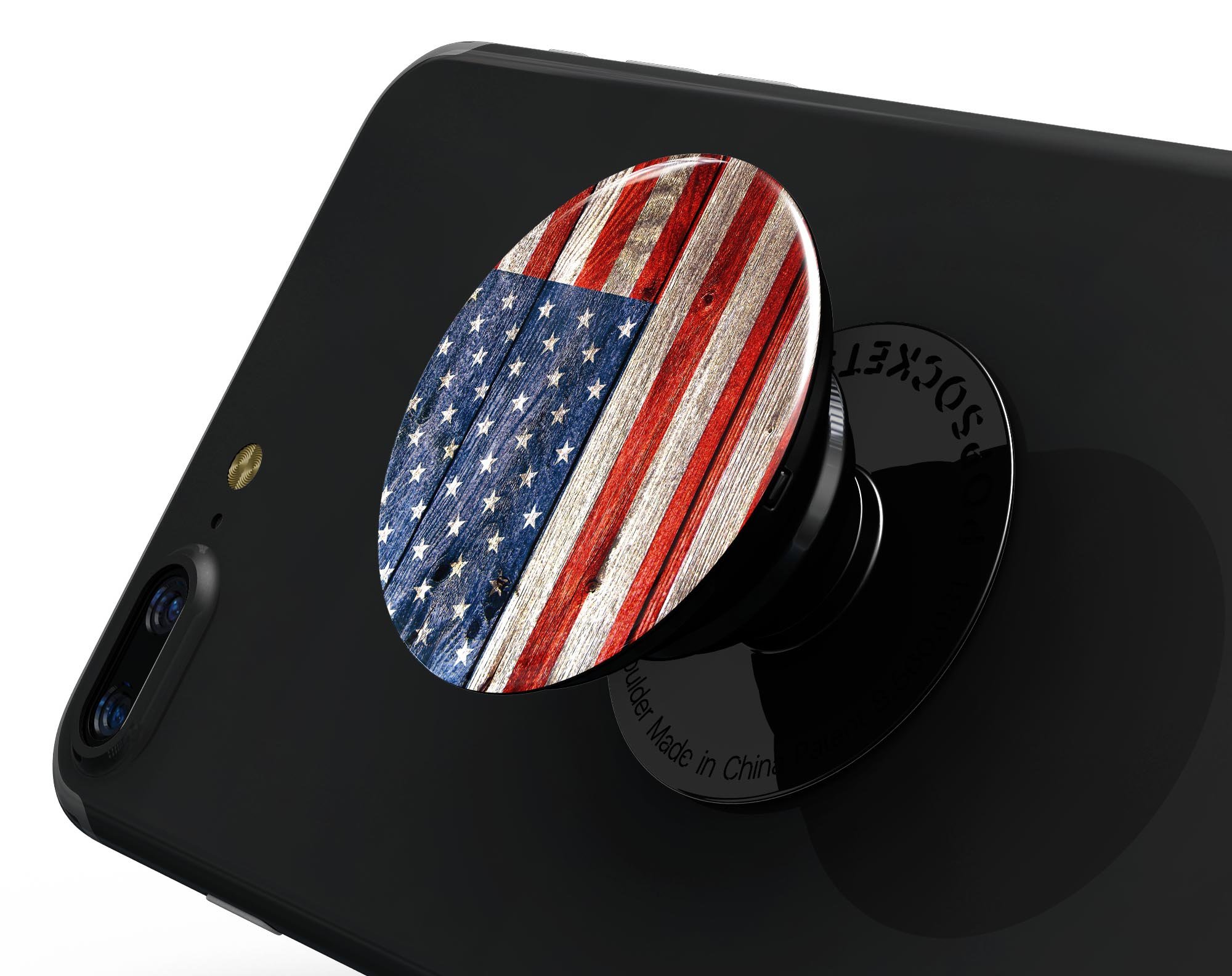 Wooden Grungy American Flag Skin Kit for PopSockets, featuring a rustic design on premium vinyl.