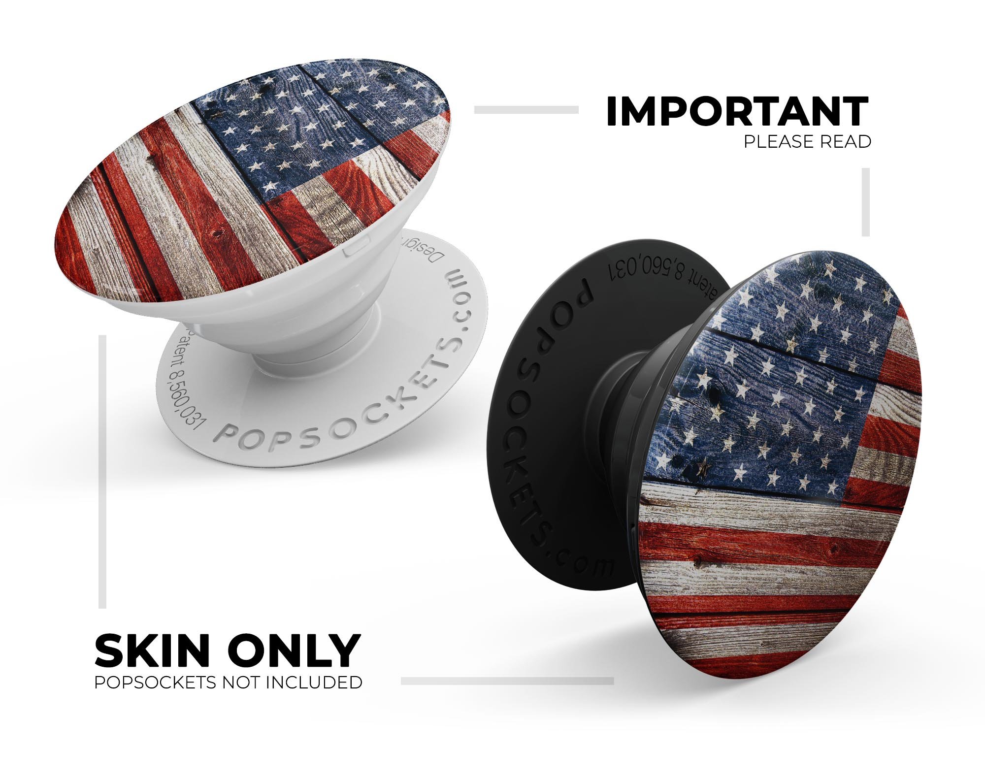 Wooden Grungy American Flag Skin Kit for PopSockets, featuring a rustic design on premium vinyl.