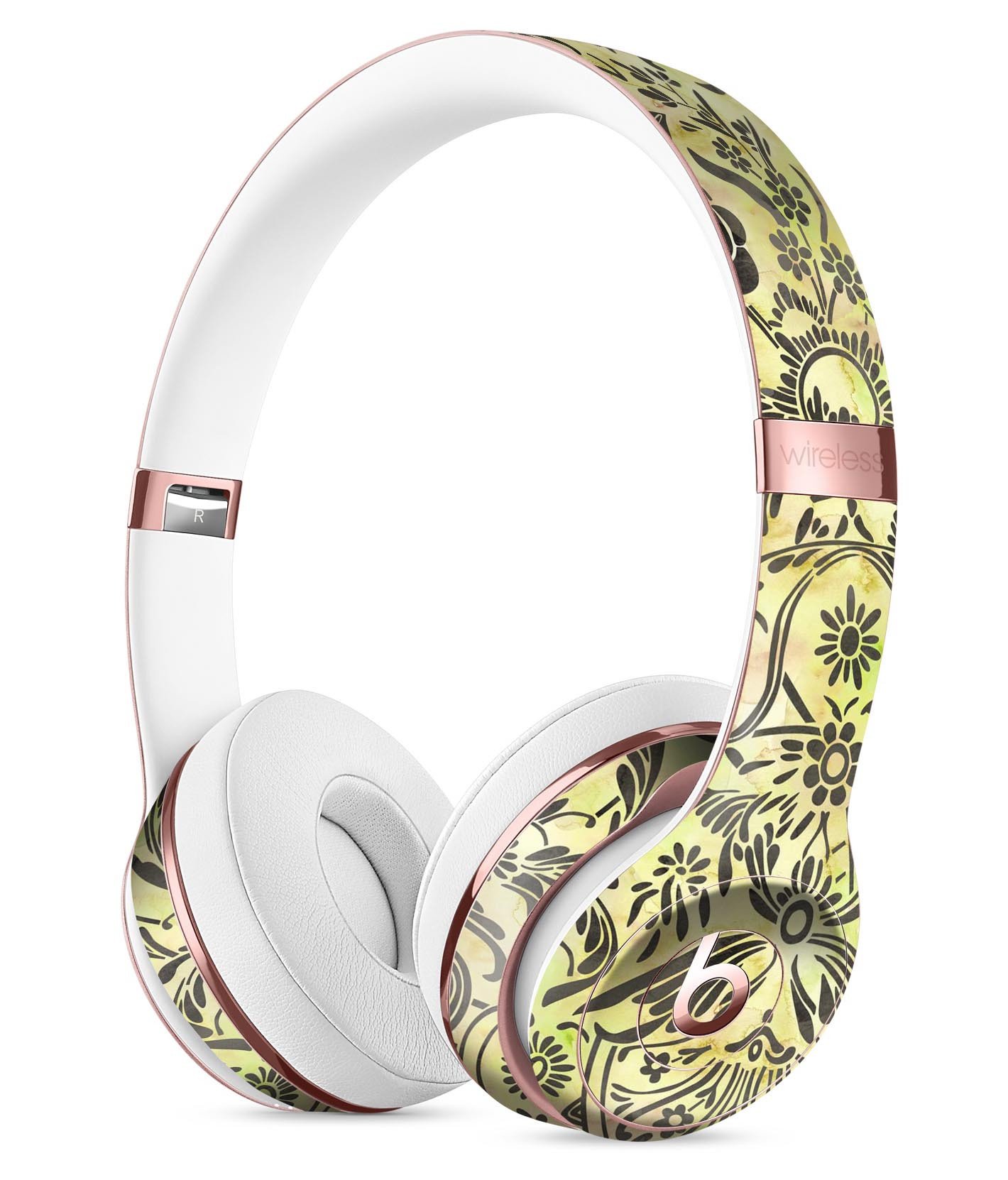 Woodland Green Damask Watercolor Pattern Skin Kit for Beats by Dre Solo 3 Wireless Headphones, showcasing vibrant colors and intricate design.