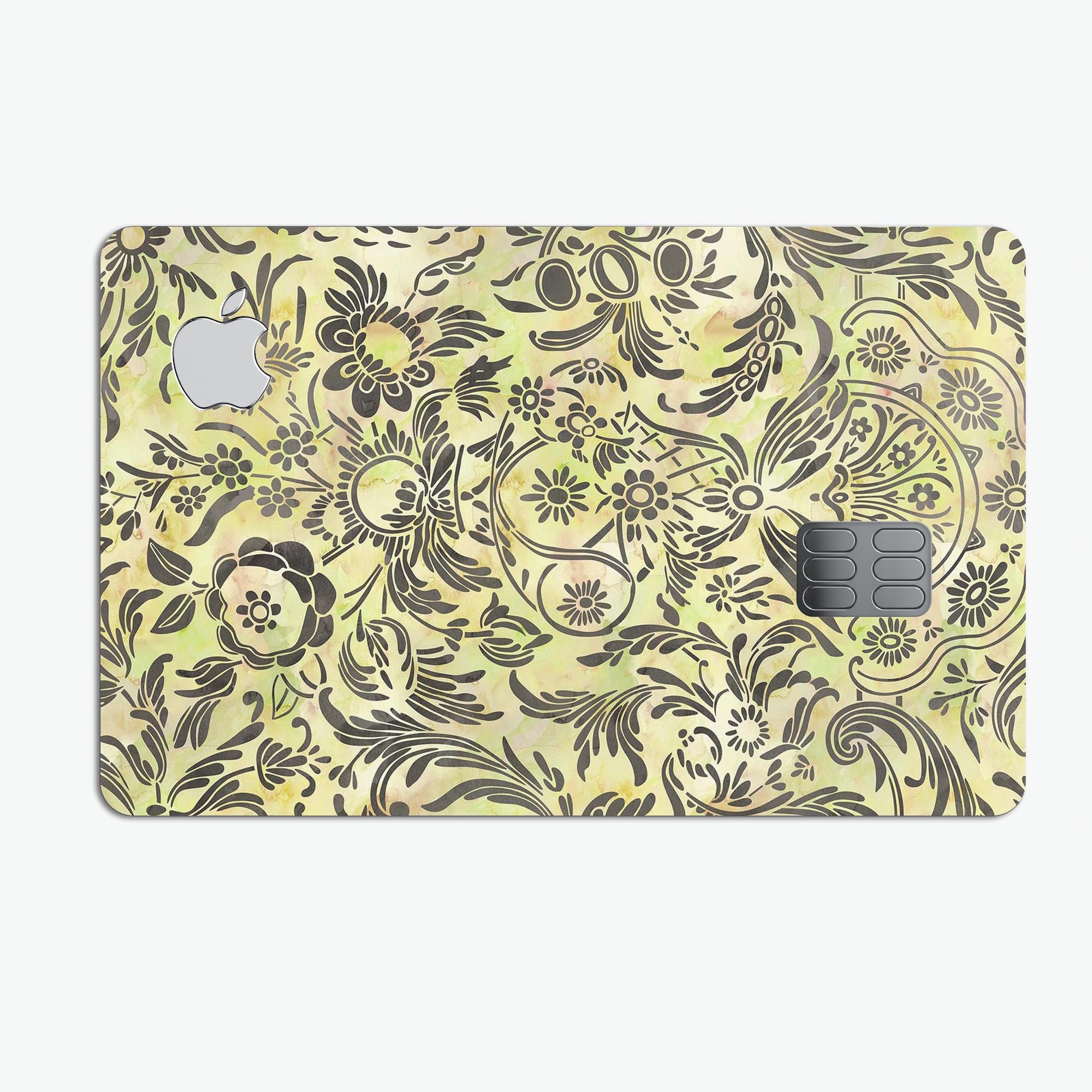 Woodland Green Damask Watercolor Pattern decal on an Apple Card, showcasing its elegant design and premium quality.