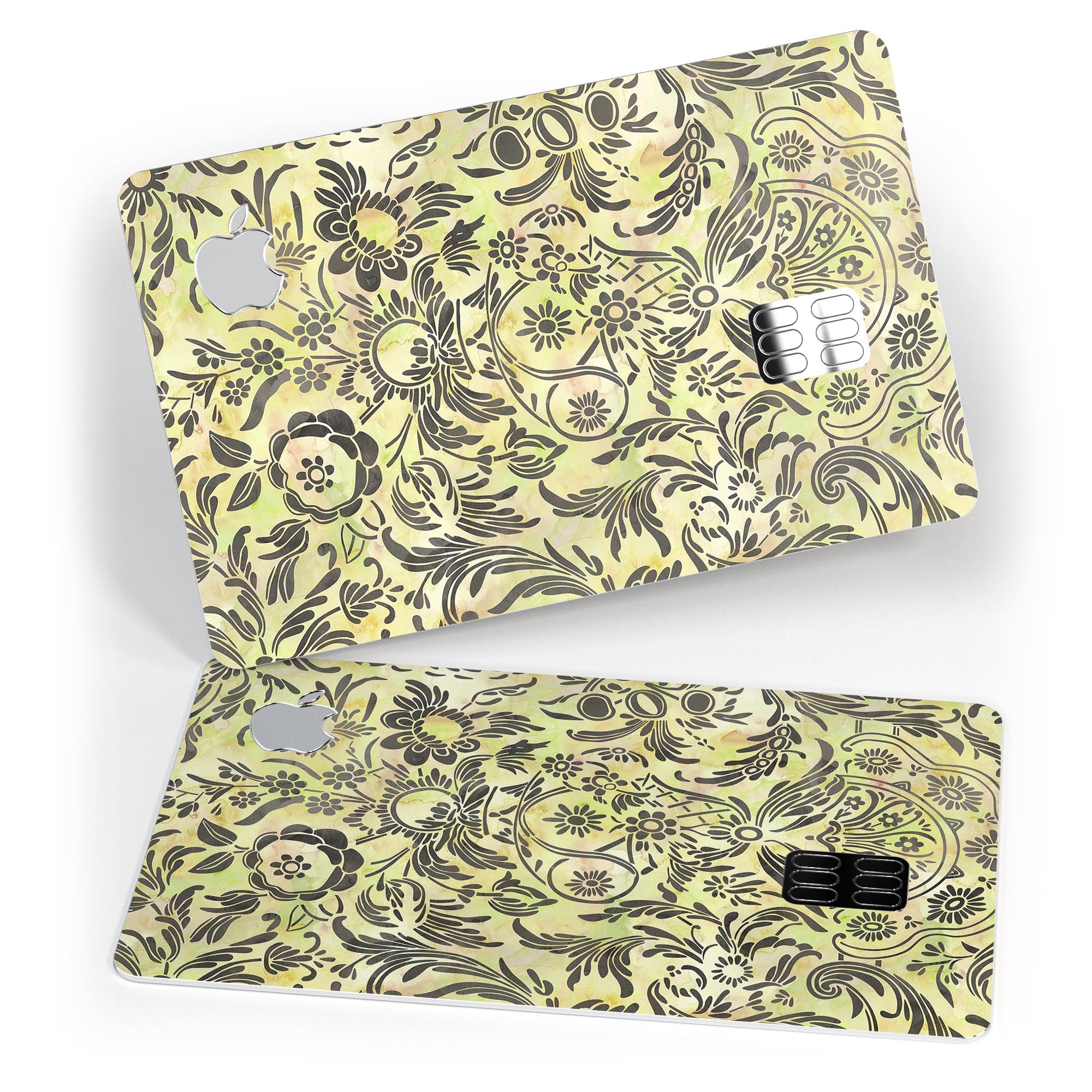 Woodland Green Damask Watercolor Pattern decal on an Apple Card, showcasing its elegant design and premium quality.