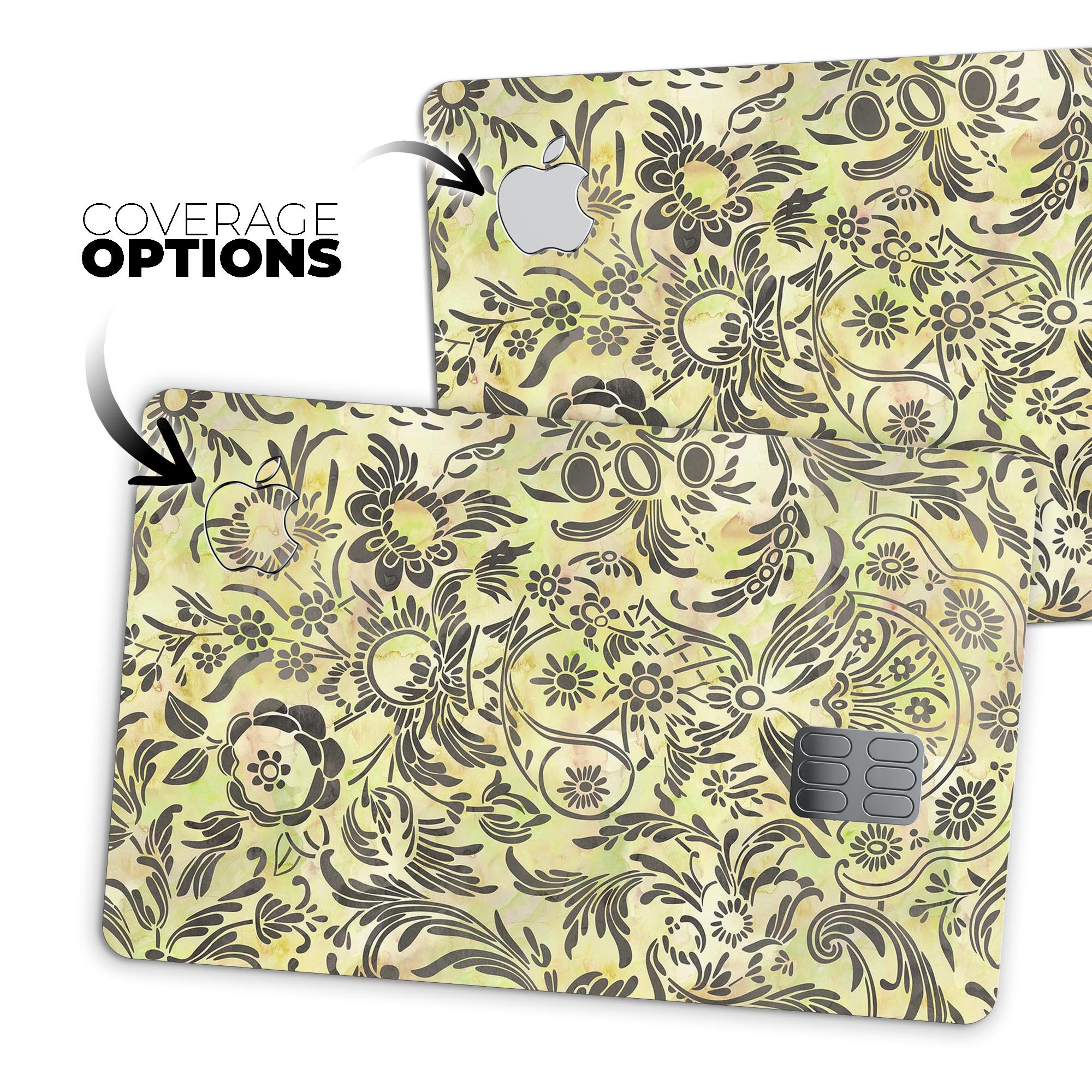 Woodland Green Damask Watercolor Pattern decal on an Apple Card, showcasing its elegant design and premium quality.