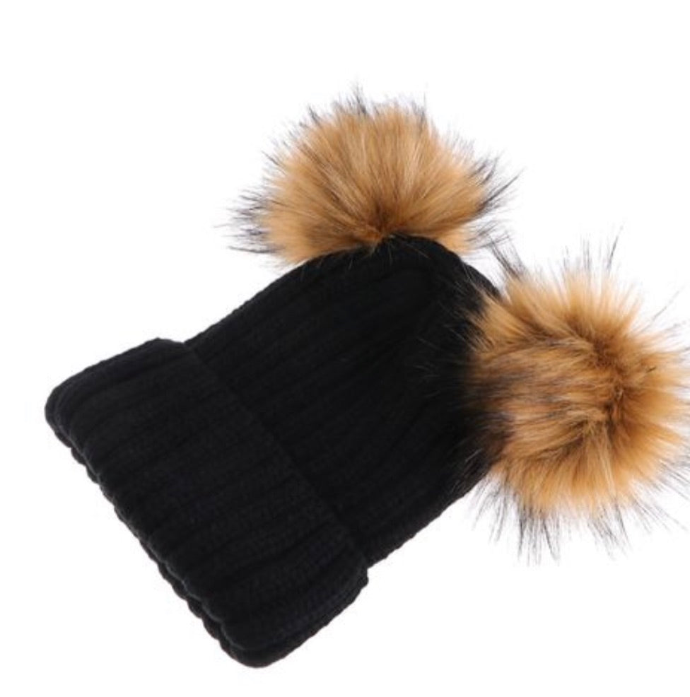 Wool Beanie Hat with Pom Pom ears, featuring a chunky cable knit design and fluffy double fur Pom Poms, perfect for women and girls.