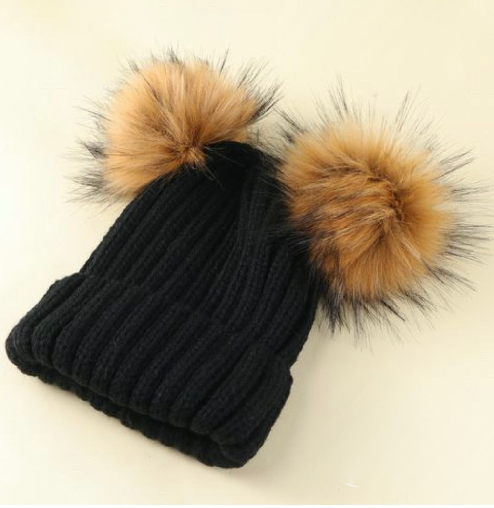 Wool Beanie Hat with Pom Pom ears, featuring a chunky cable knit design and fluffy double fur Pom Poms, perfect for women and girls.