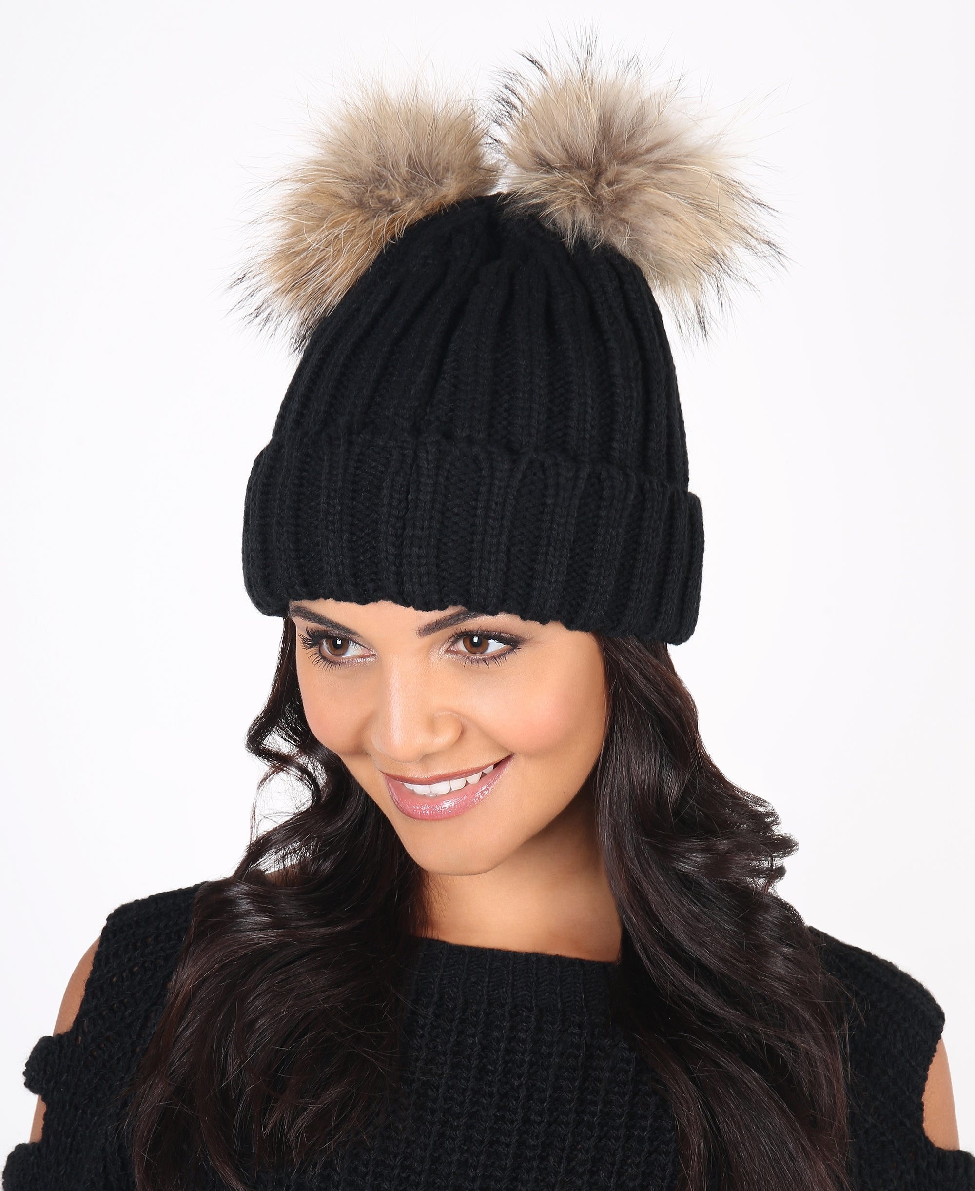 Wool Beanie Hat with Pom Pom ears, featuring a chunky cable knit design and fluffy double fur Pom Poms, perfect for women and girls.