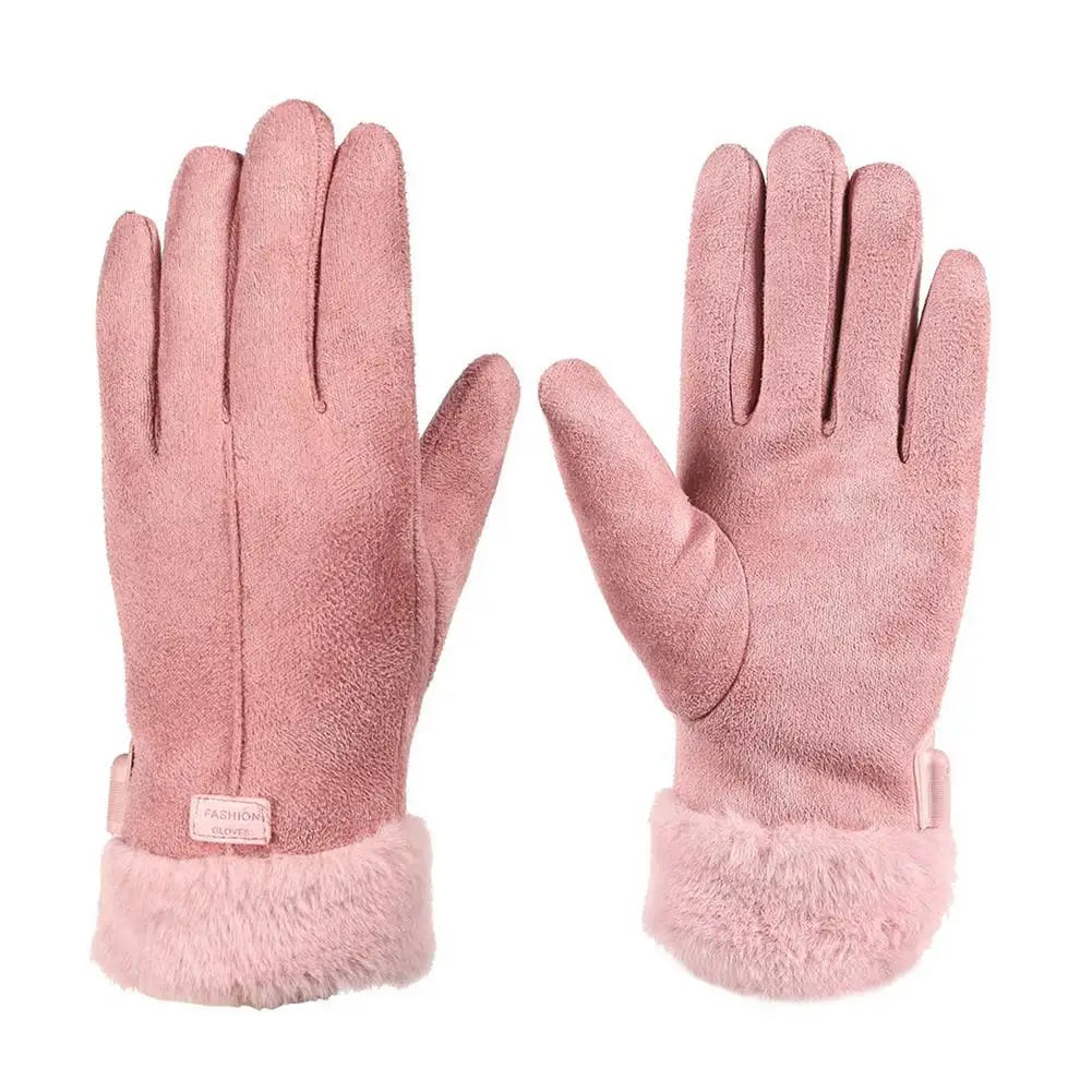 A pair of women's USB charging heating gloves with ergonomic design, showcasing the soft coral fleece lining and touchscreen compatibility.