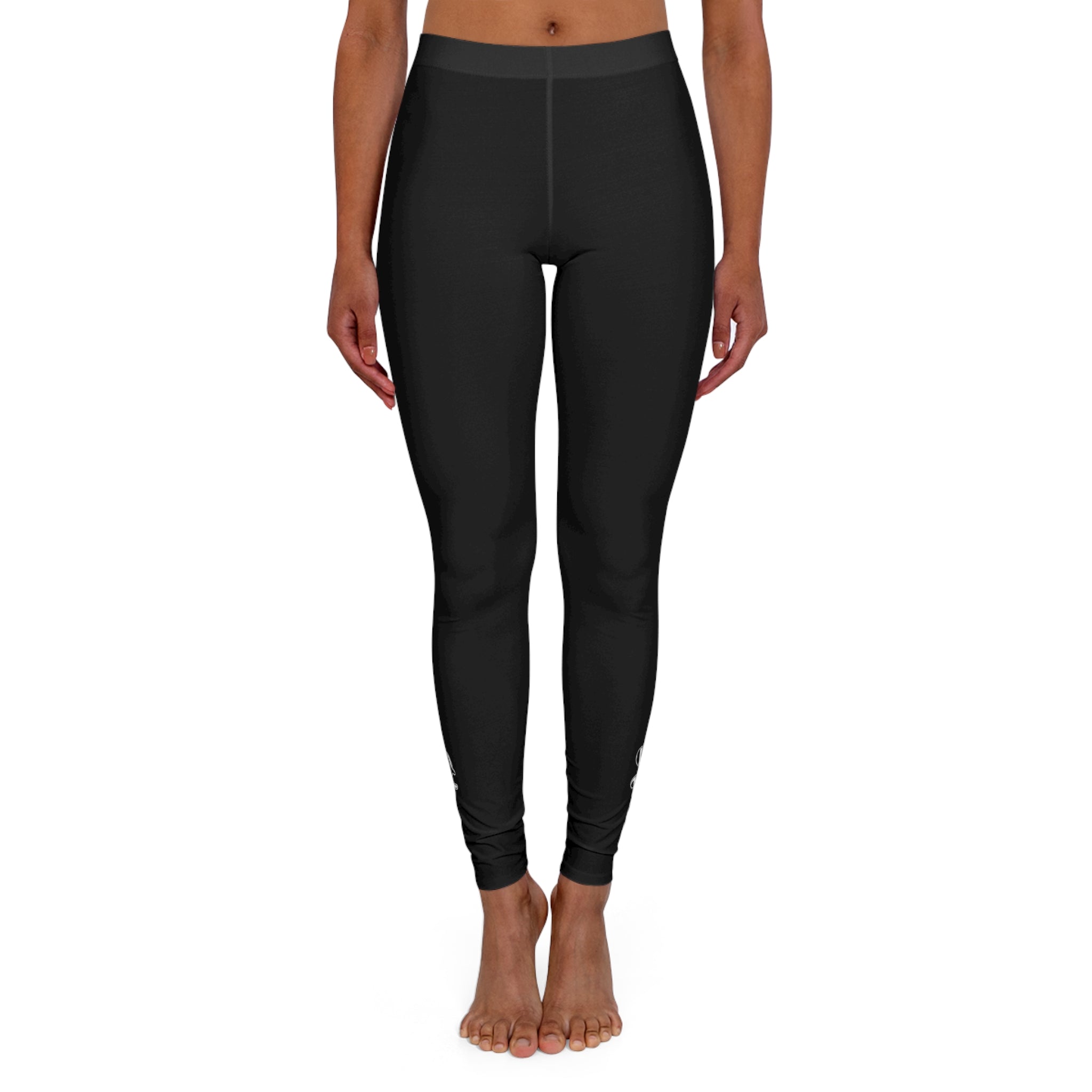 Womens black fitness leggings featuring a stylish black and white abstract Mama pattern, designed for comfort and style.