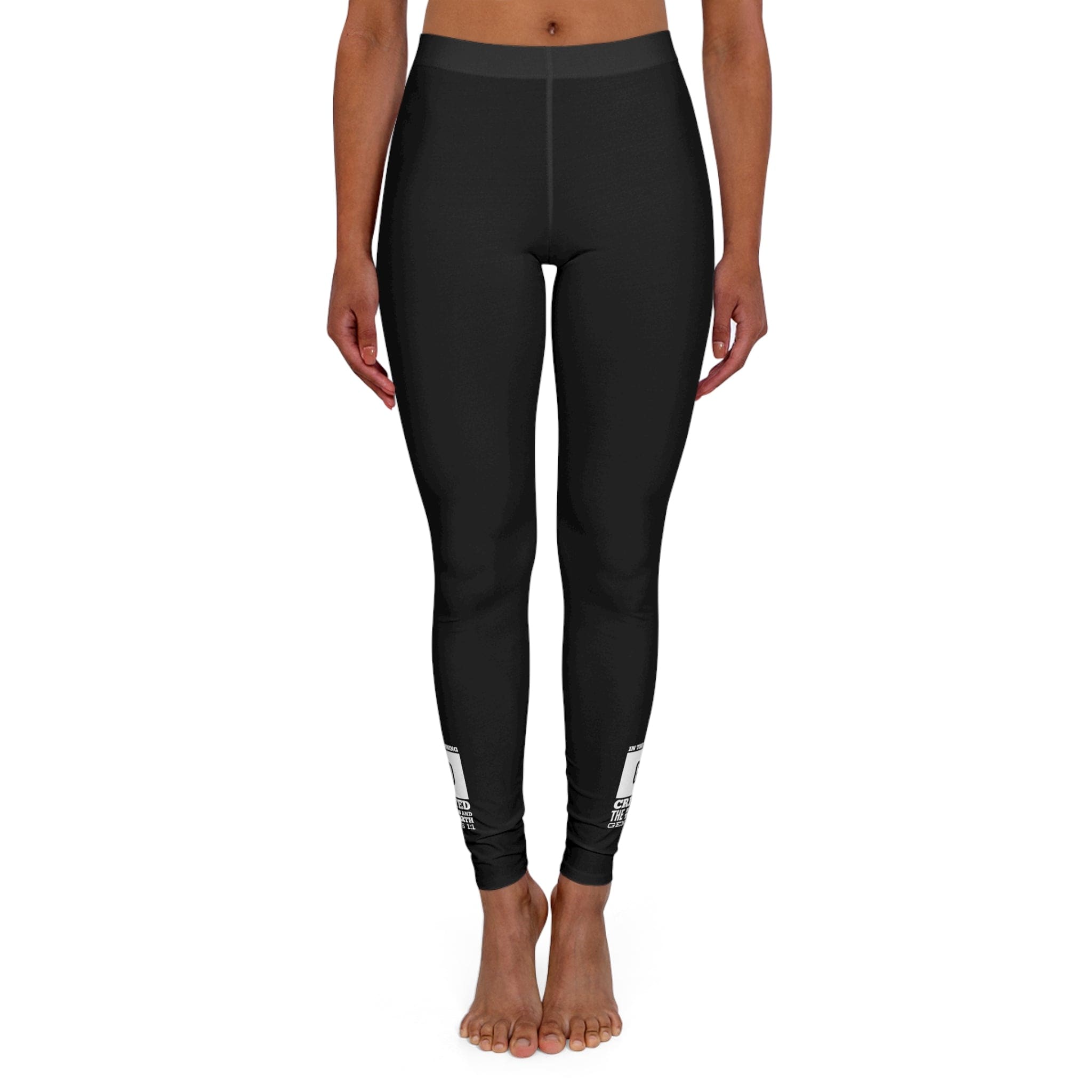 Womens black fitness leggings featuring a high-waist design and inspirational illustration, perfect for workouts and casual outings.