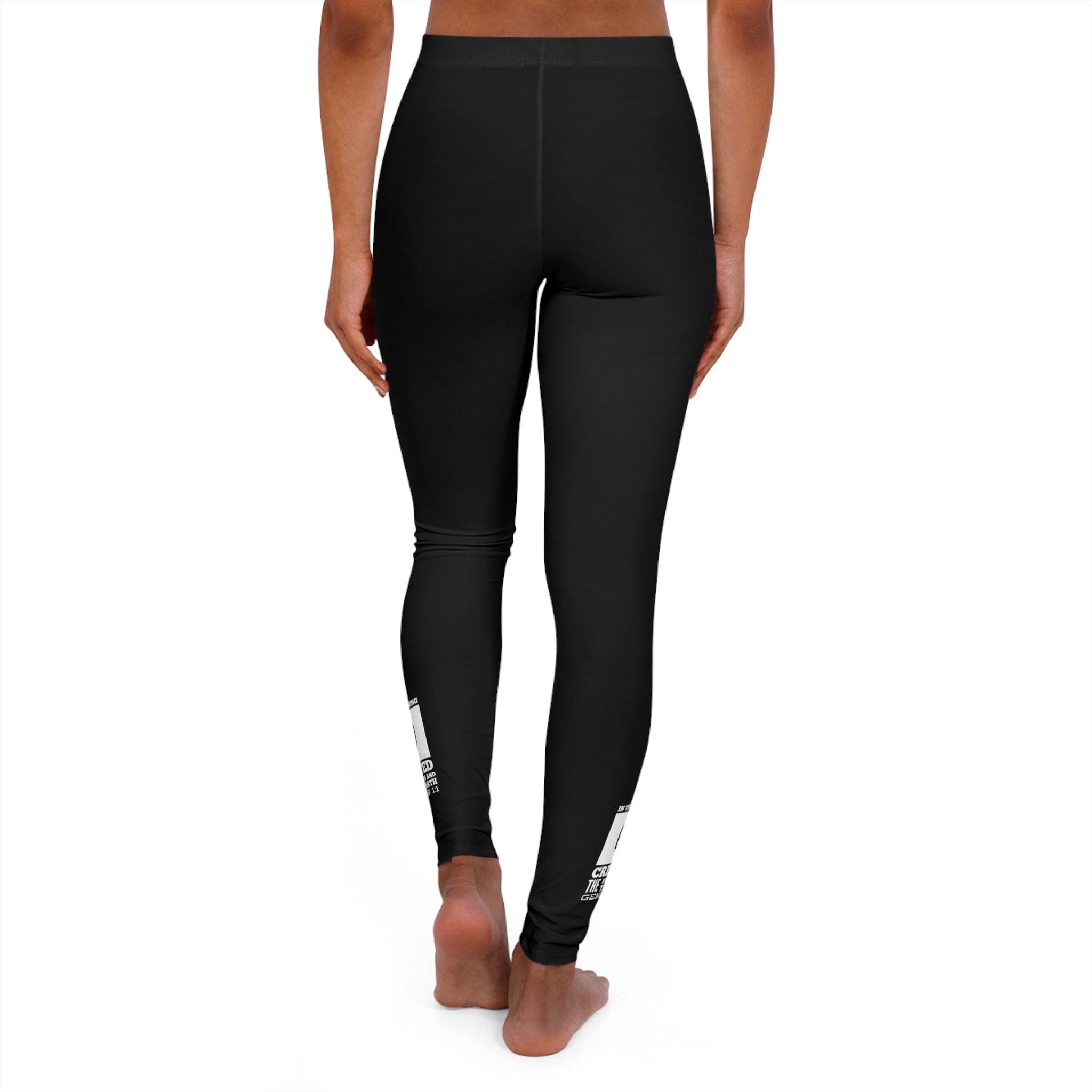Womens black fitness leggings featuring a high-waist design and inspirational illustration, perfect for workouts and casual outings.
