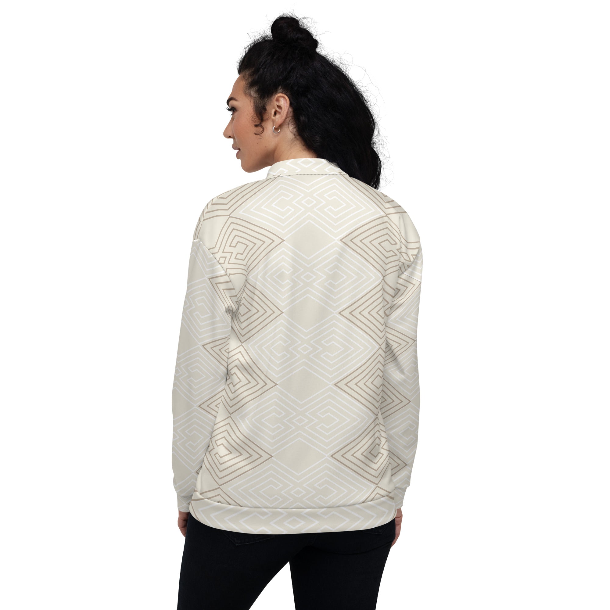 Women's bomber jacket featuring beige and white Aztec geometric lines, zip-front closure, and ribbed cuffs, perfect for stylish layering.