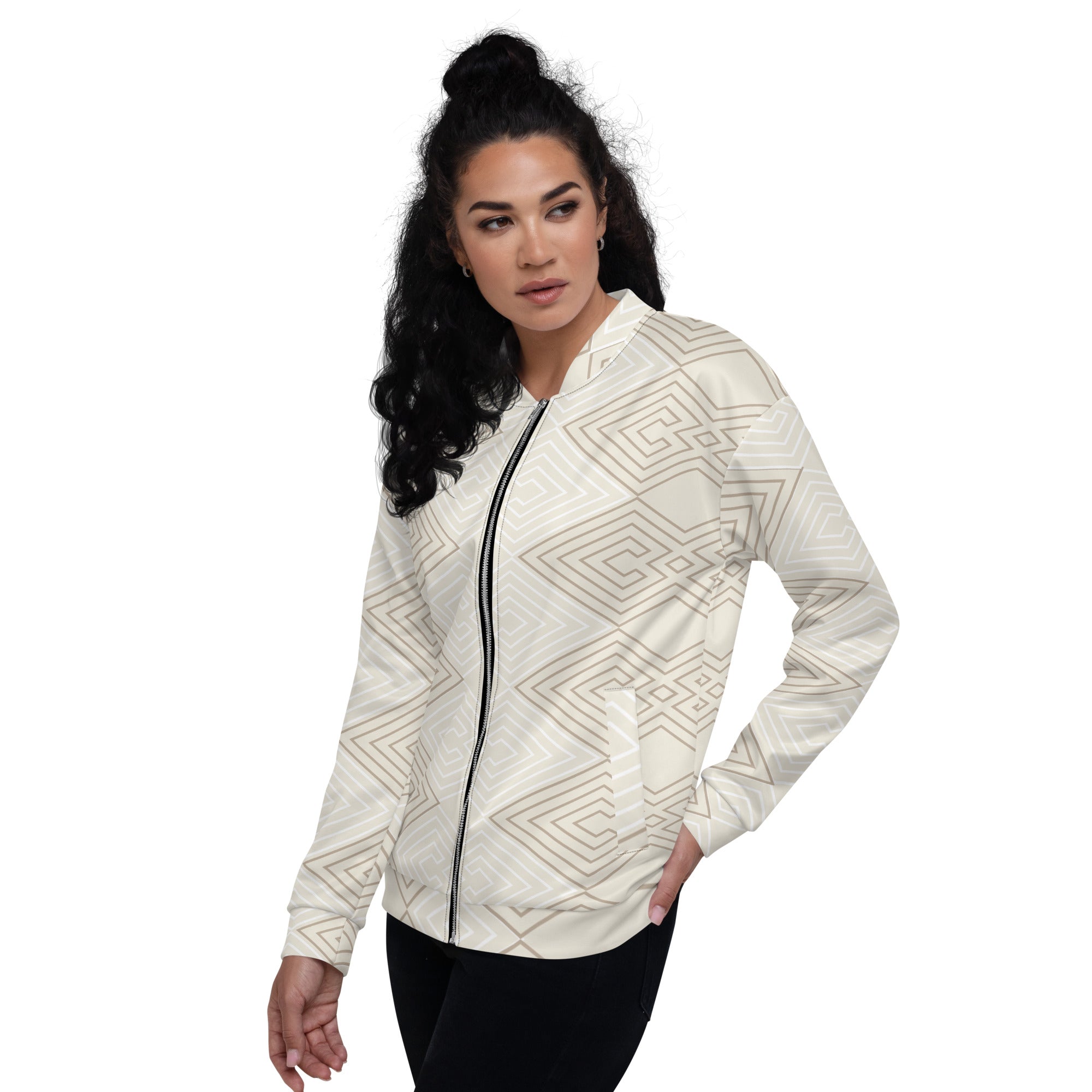 Women's bomber jacket featuring beige and white Aztec geometric lines, zip-front closure, and ribbed cuffs, perfect for stylish layering.