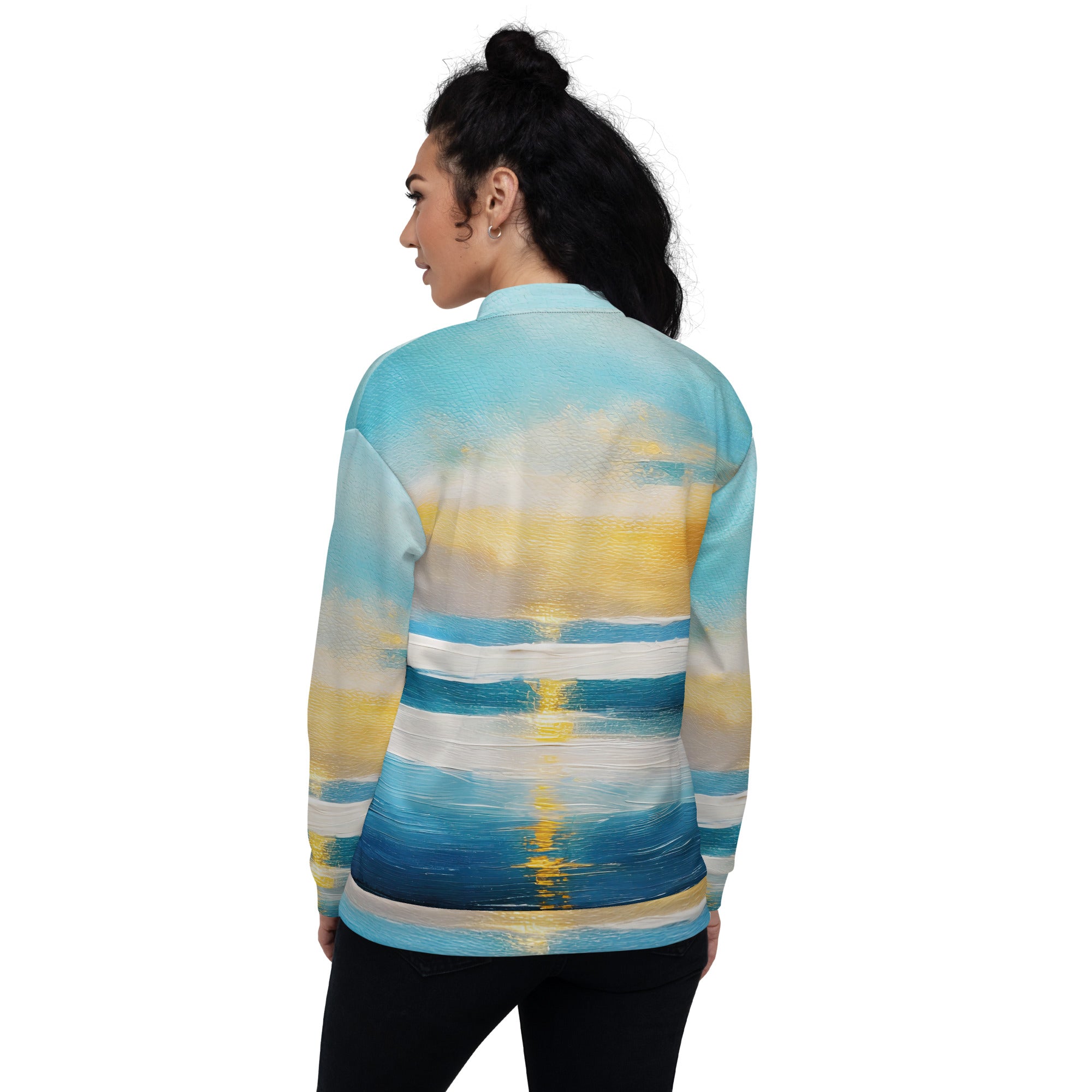 Women's bomber jacket featuring a Blue Ocean Golden Sunset Print, showcasing a stylish zip-front closure and ribbed cuffs.
