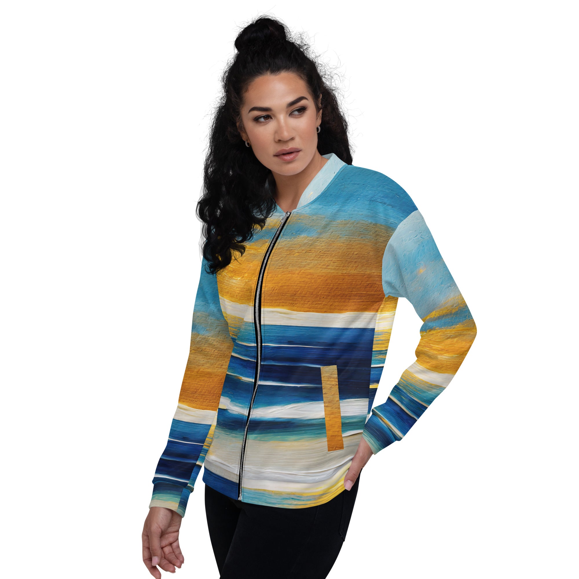 Women's bomber jacket featuring a vibrant Blue Ocean Golden Sunset Print, zip-front closure, and ribbed cuffs, perfect for stylish layering.
