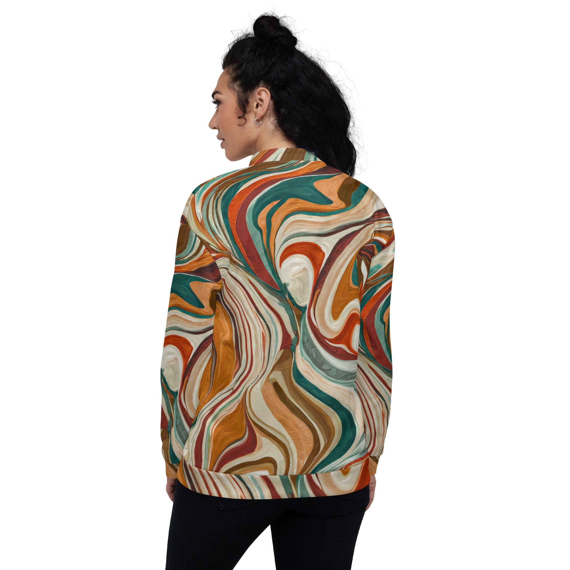 Women's Bomber Jacket in Boho Brown Marble Print featuring zip-front closure and ribbed cuffs, perfect for stylish layering.