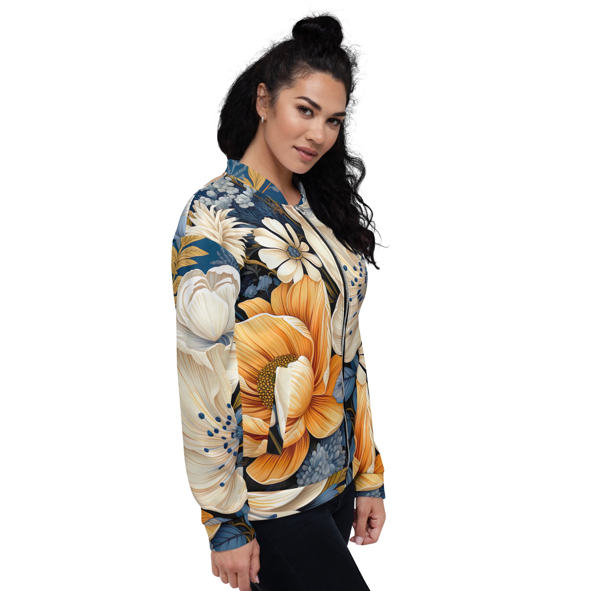 Women's bomber jacket featuring a floral blue print, zip-front closure, and ribbed cuffs, perfect for stylish layering.
