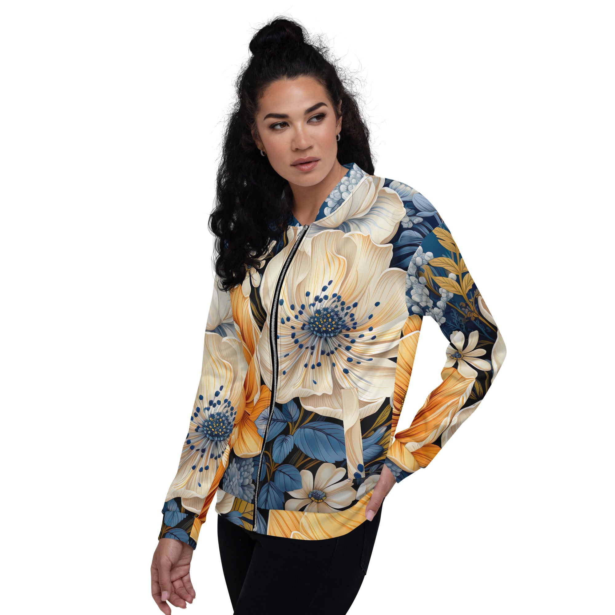 Women's bomber jacket featuring a floral blue print, zip-front closure, and ribbed cuffs, perfect for stylish layering.