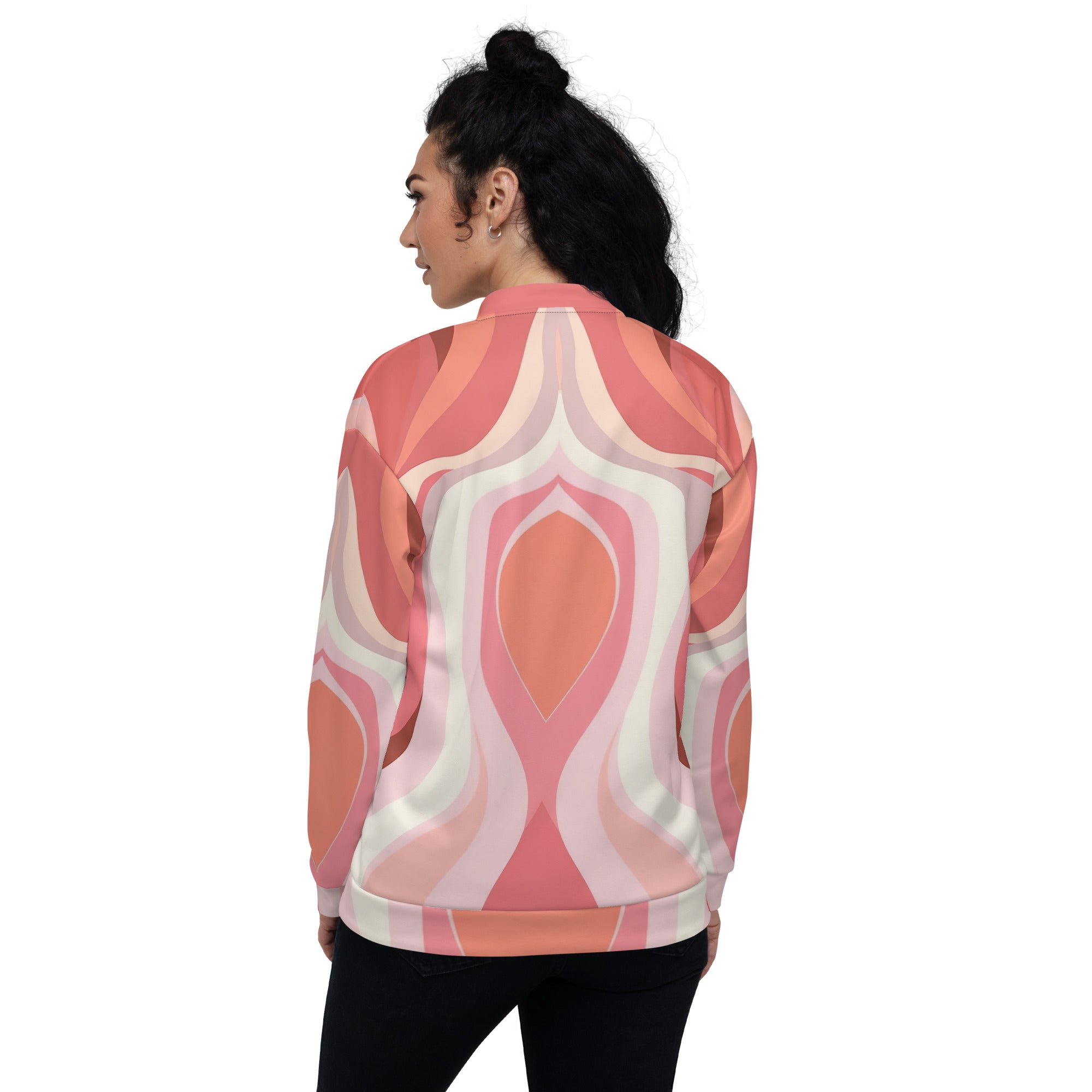 Women's bomber jacket featuring a pink and white boho swirl design, showcasing a zip-front closure and ribbed cuffs.