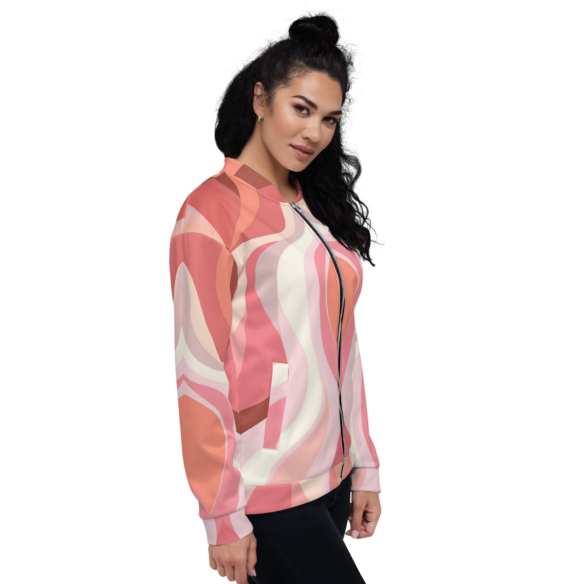 Women's bomber jacket featuring a pink and white boho swirl design, showcasing a zip-front closure and ribbed cuffs.