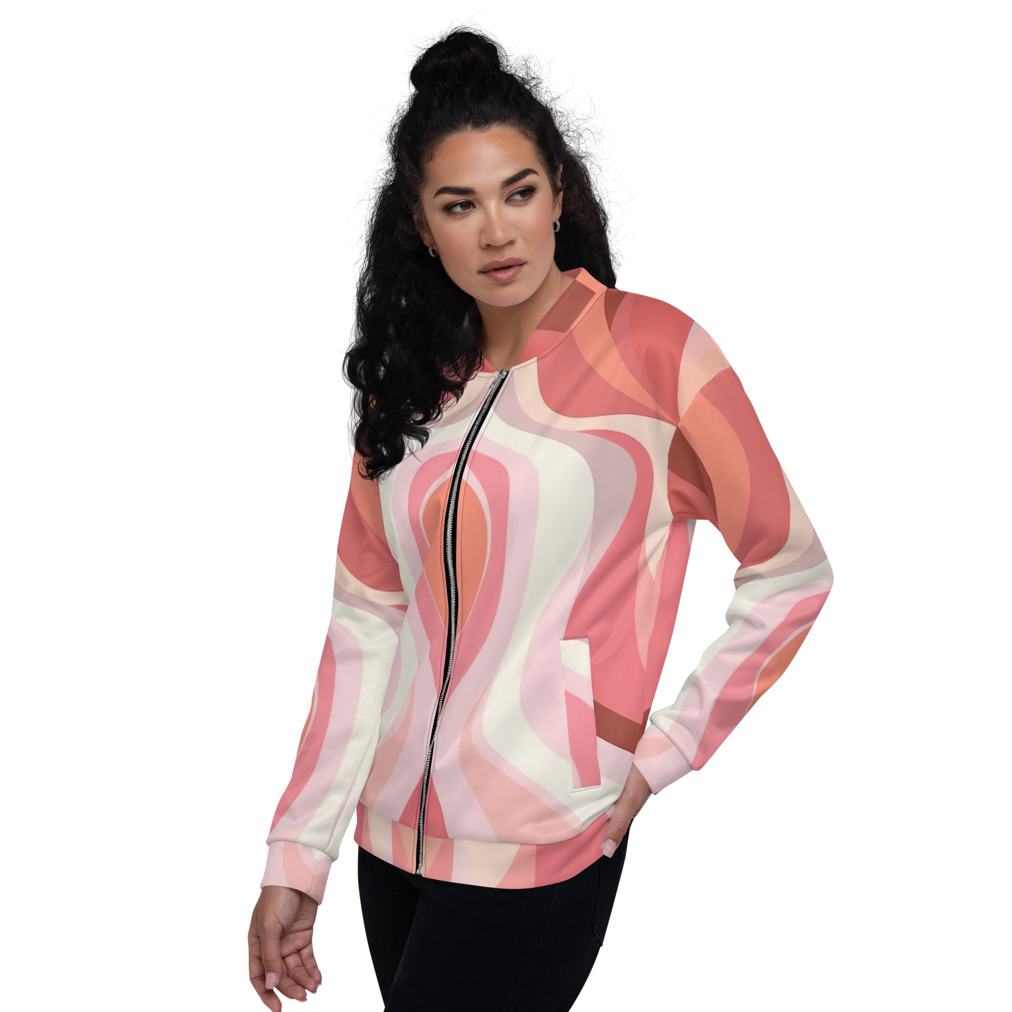 Women's bomber jacket featuring a pink and white boho swirl design, showcasing a zip-front closure and ribbed cuffs.