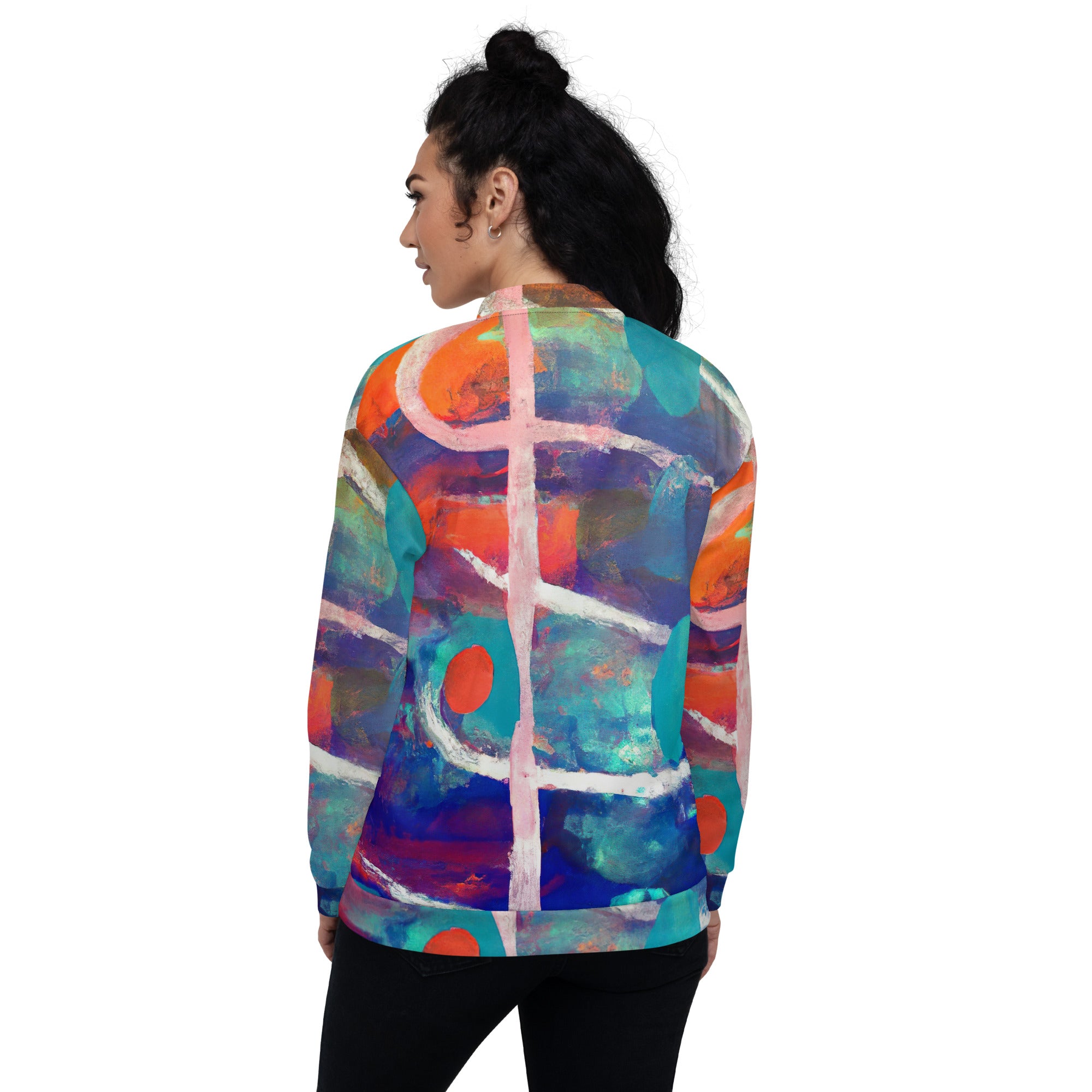 Women's bomber jacket featuring a vibrant red and blue abstract pattern, zip-front closure, and ribbed cuffs, perfect for stylish layering.