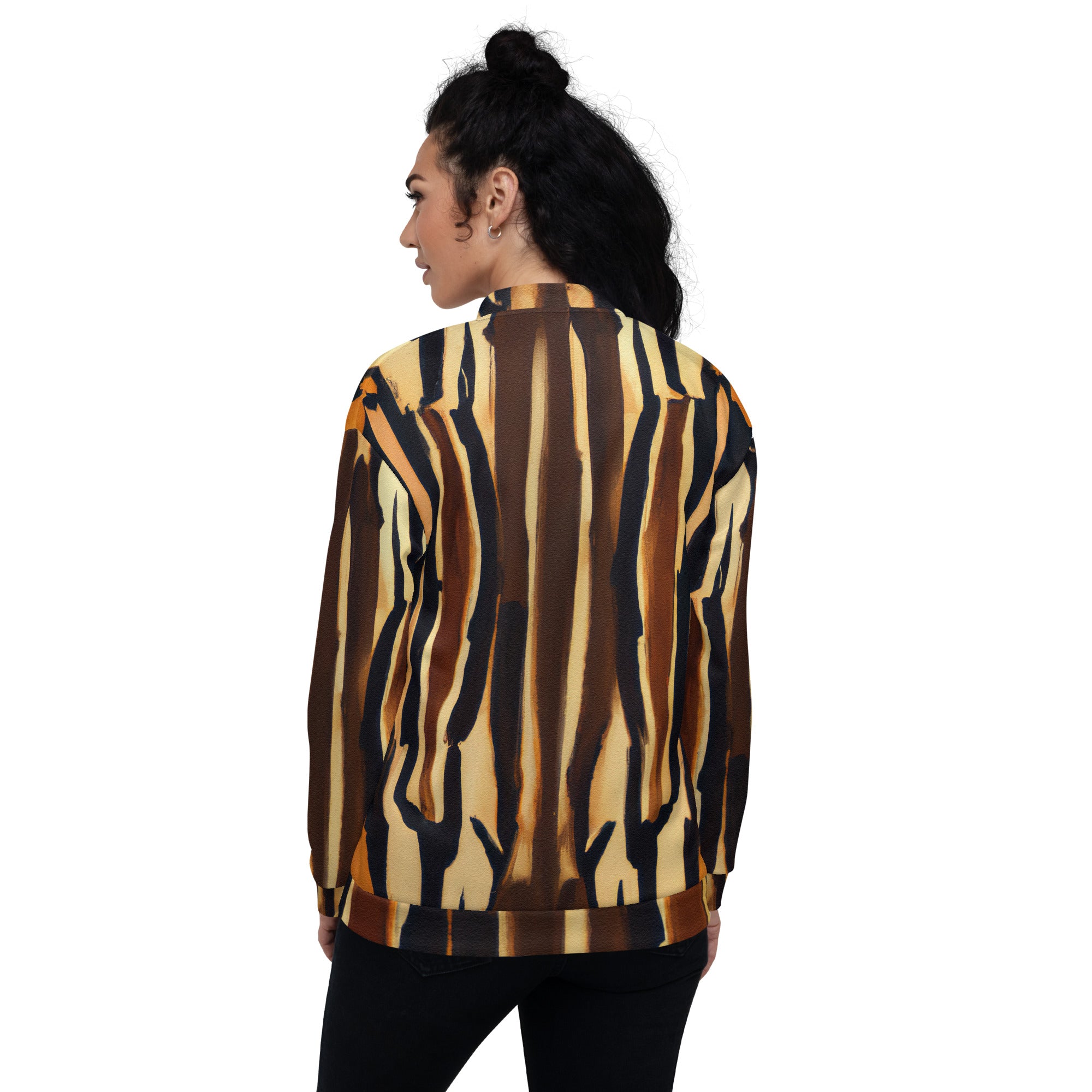 Women's bomber jacket featuring a unique Zorse Lines geometric print, zip-front closure, and ribbed cuffs, perfect for stylish layering.