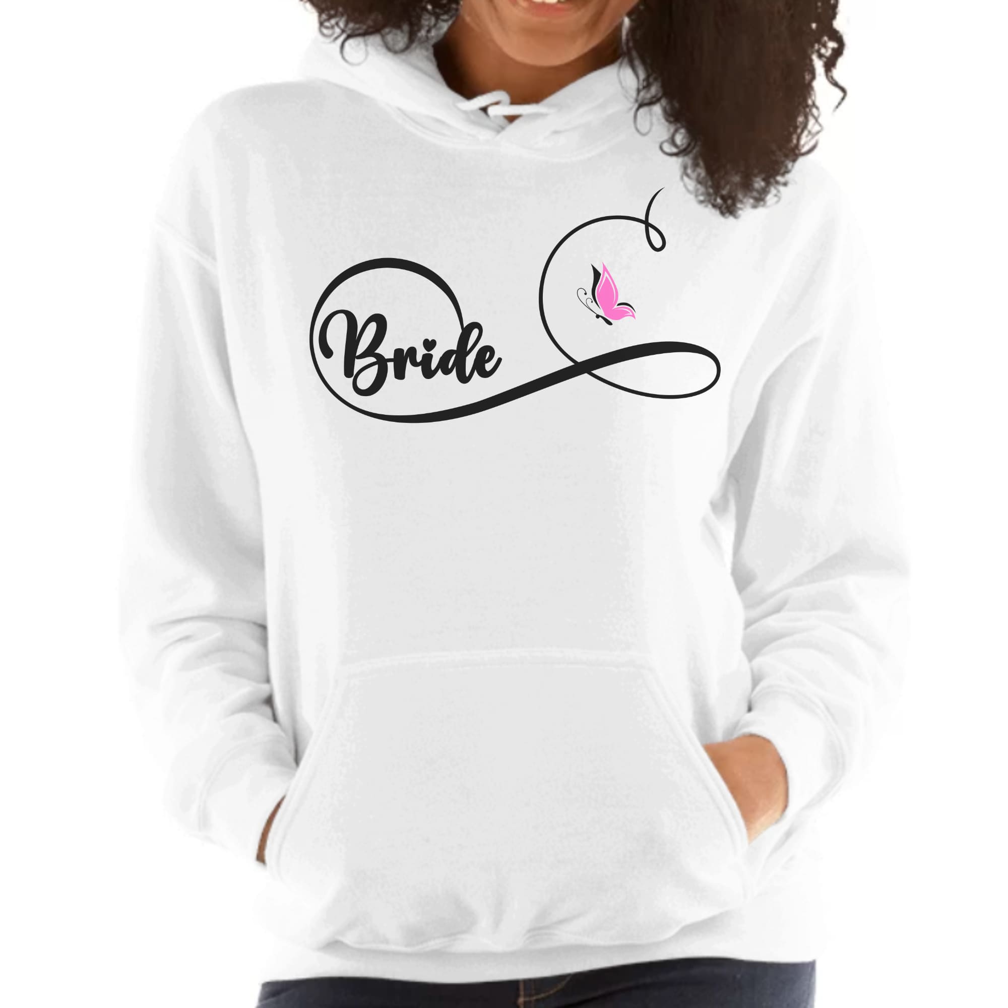 Womens Bridal Graphic Hoodie featuring a pink butterfly design, perfect for brides on their wedding day.