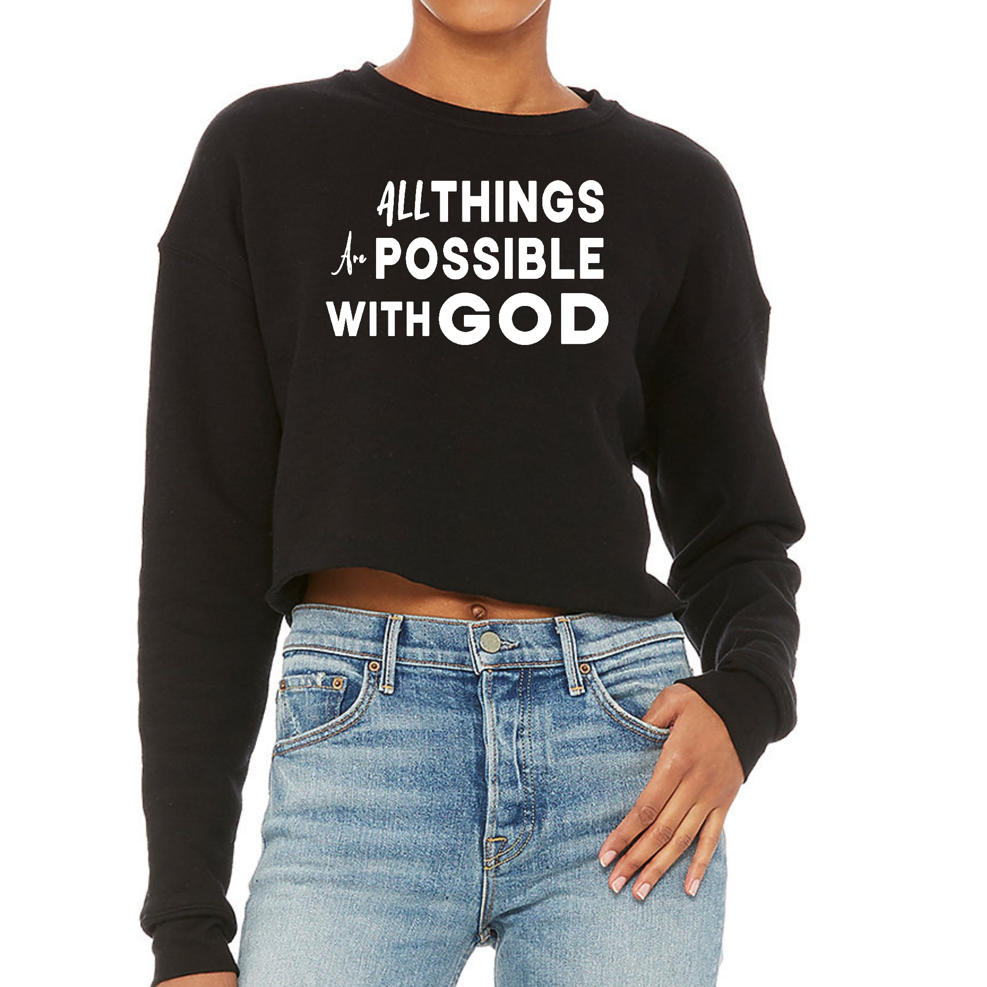 Women's cropped graphic sweatshirt with the phrase 'All Things are Possible with God', featuring a relaxed fit and soft fleece material.
