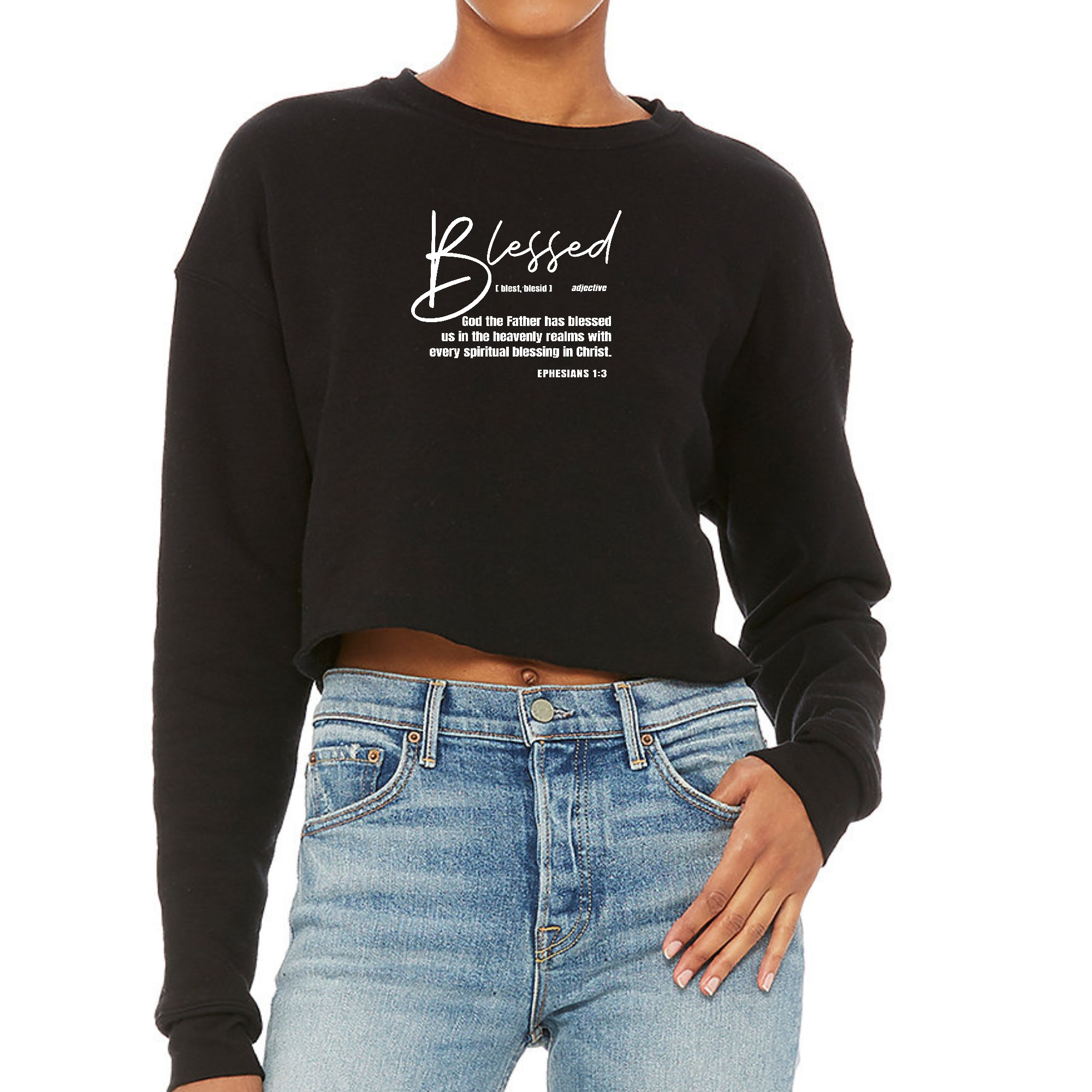 Womens Cropped Graphic Sweatshirt featuring Ephesians - Blessed with Every design, showcasing a cozy fleece material and classic crewneck style.